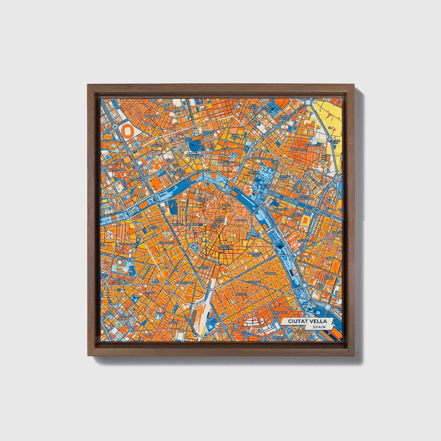 Ciutat Vella Spain Colorful City Map Canvas Print • Dark Wooden Framed