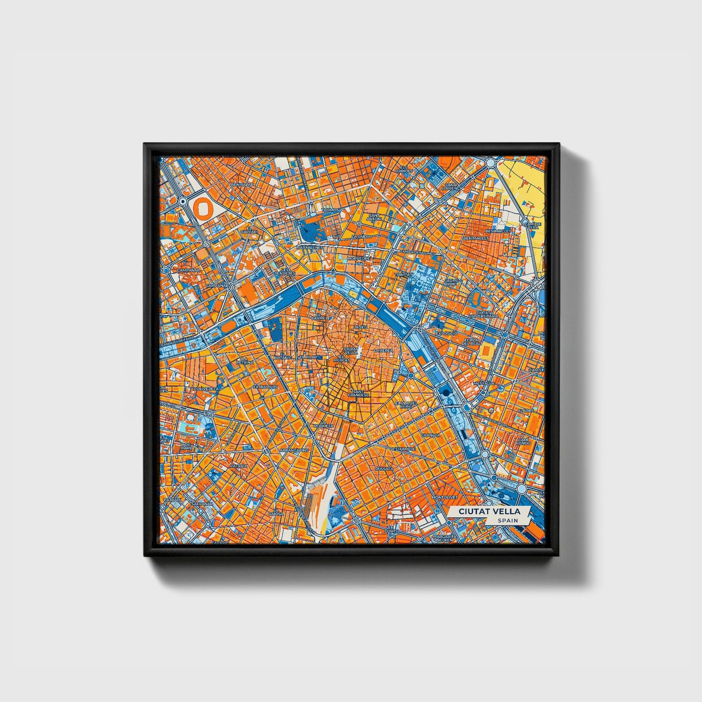 Ciutat Vella Spain Colorful City Map Canvas Print • Black Framed