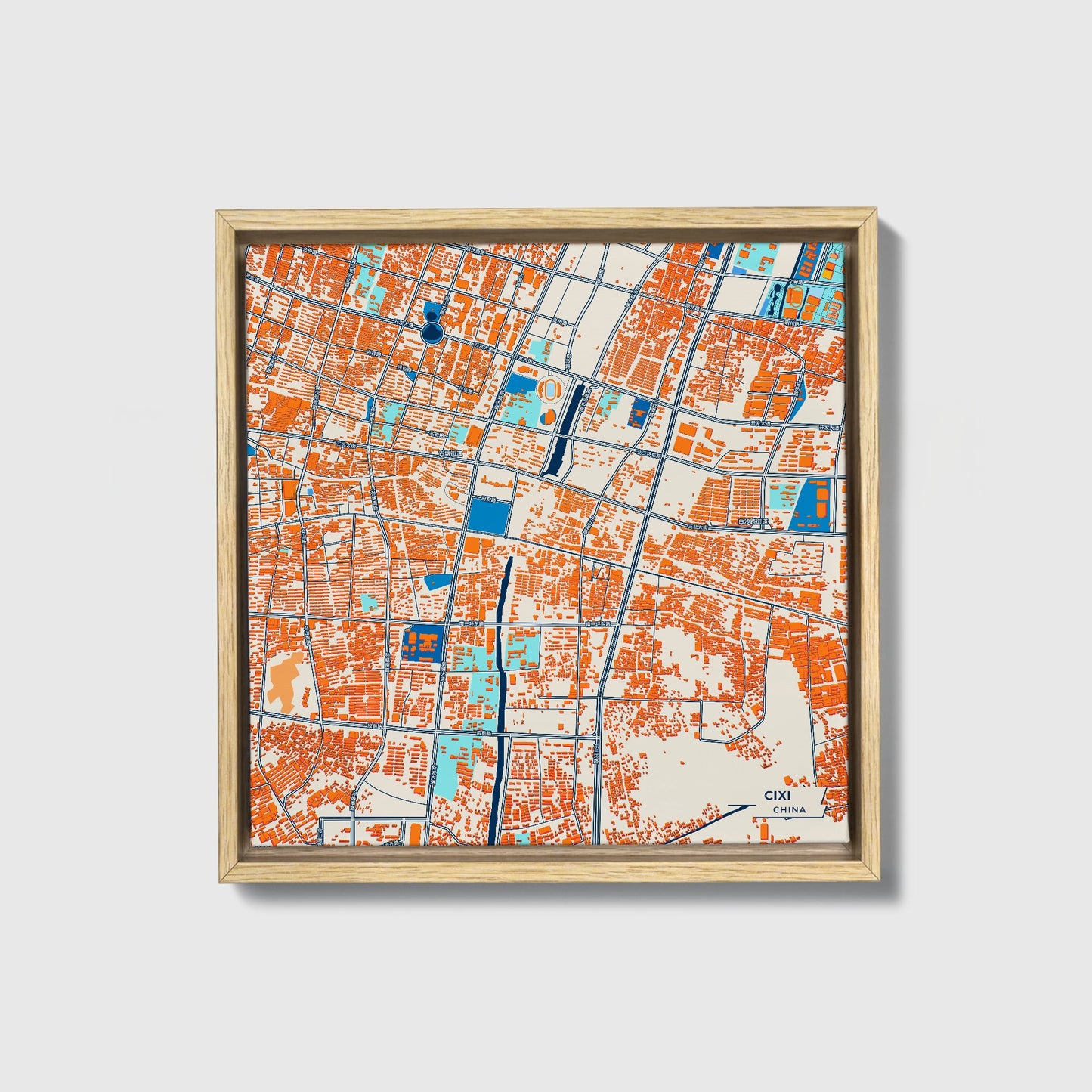 Cixi China Colorful City Map Canvas Print • Natural Wooden Framed
