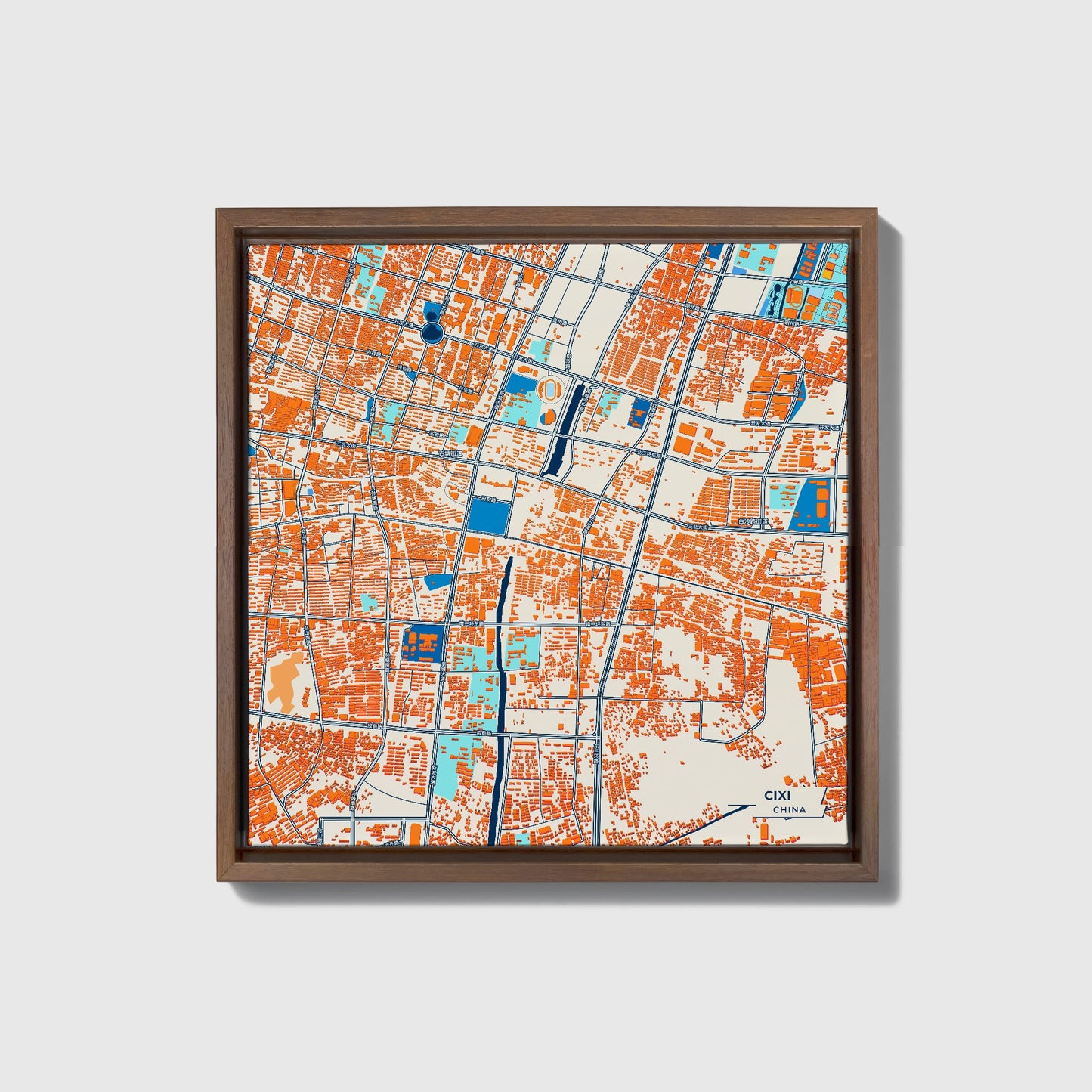 Cixi China Colorful City Map Canvas Print • Dark Wooden Framed