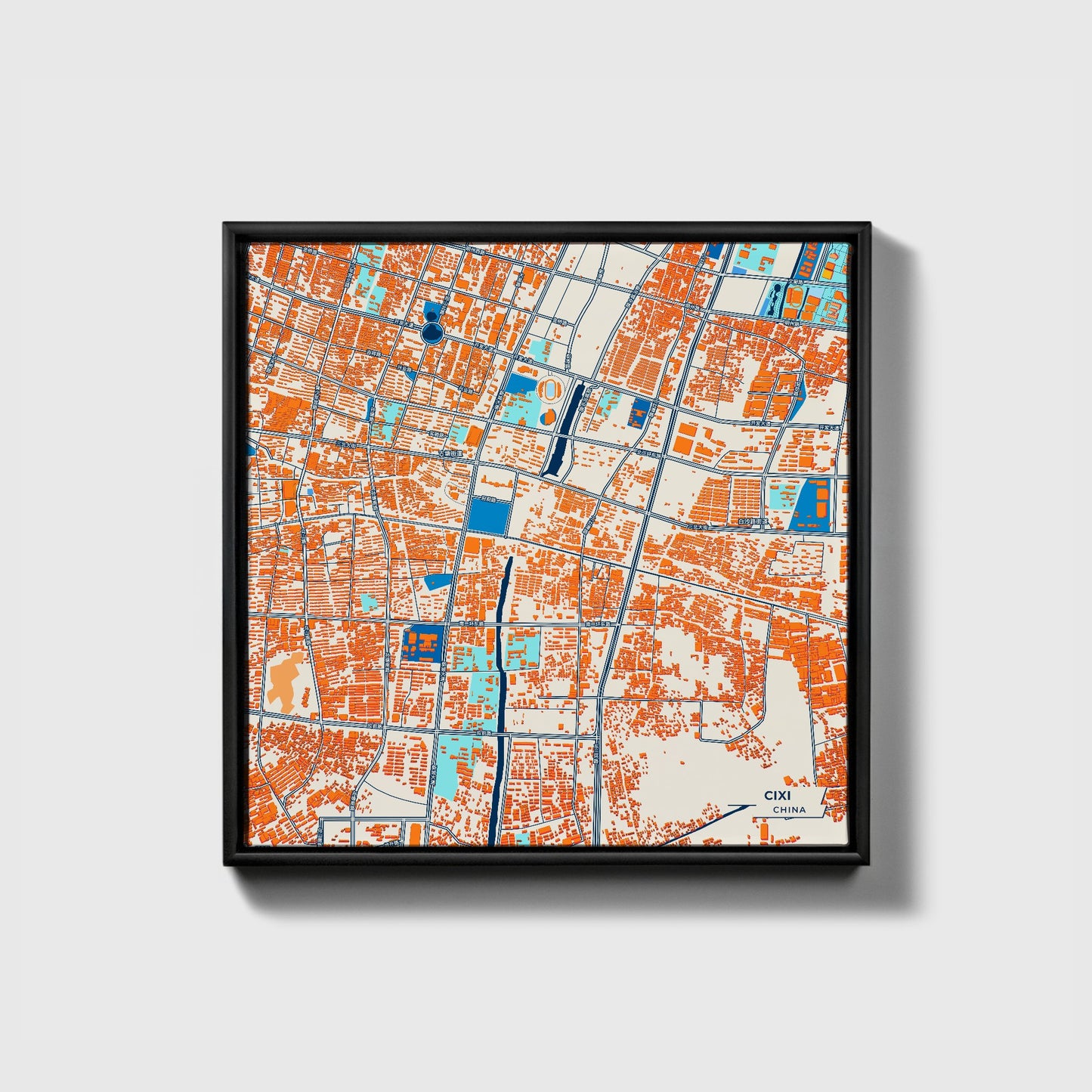 Cixi China Colorful City Map Canvas Print • Black Framed