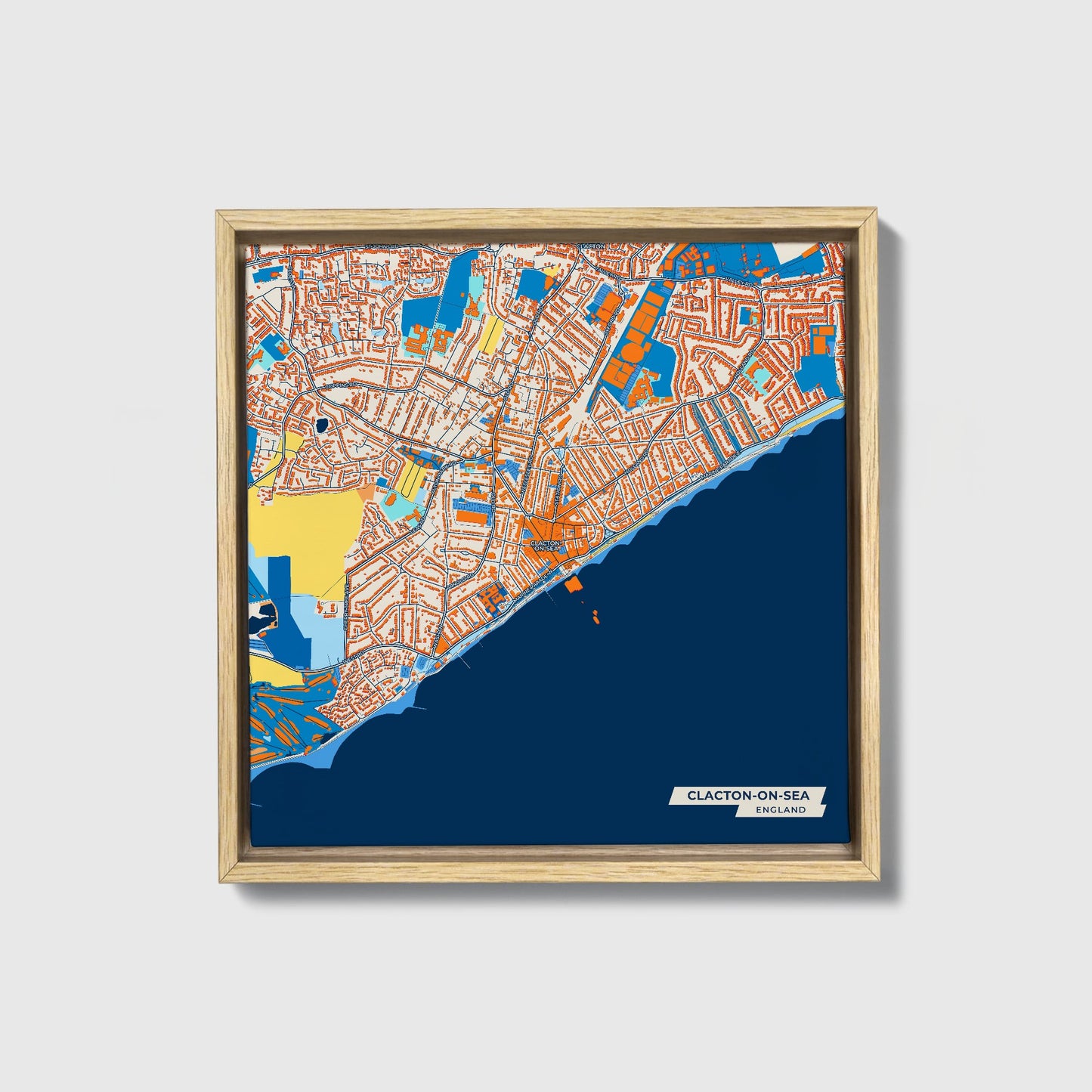 Clacton-On-Sea England Colorful City Map Canvas Print • Natural Wooden Framed