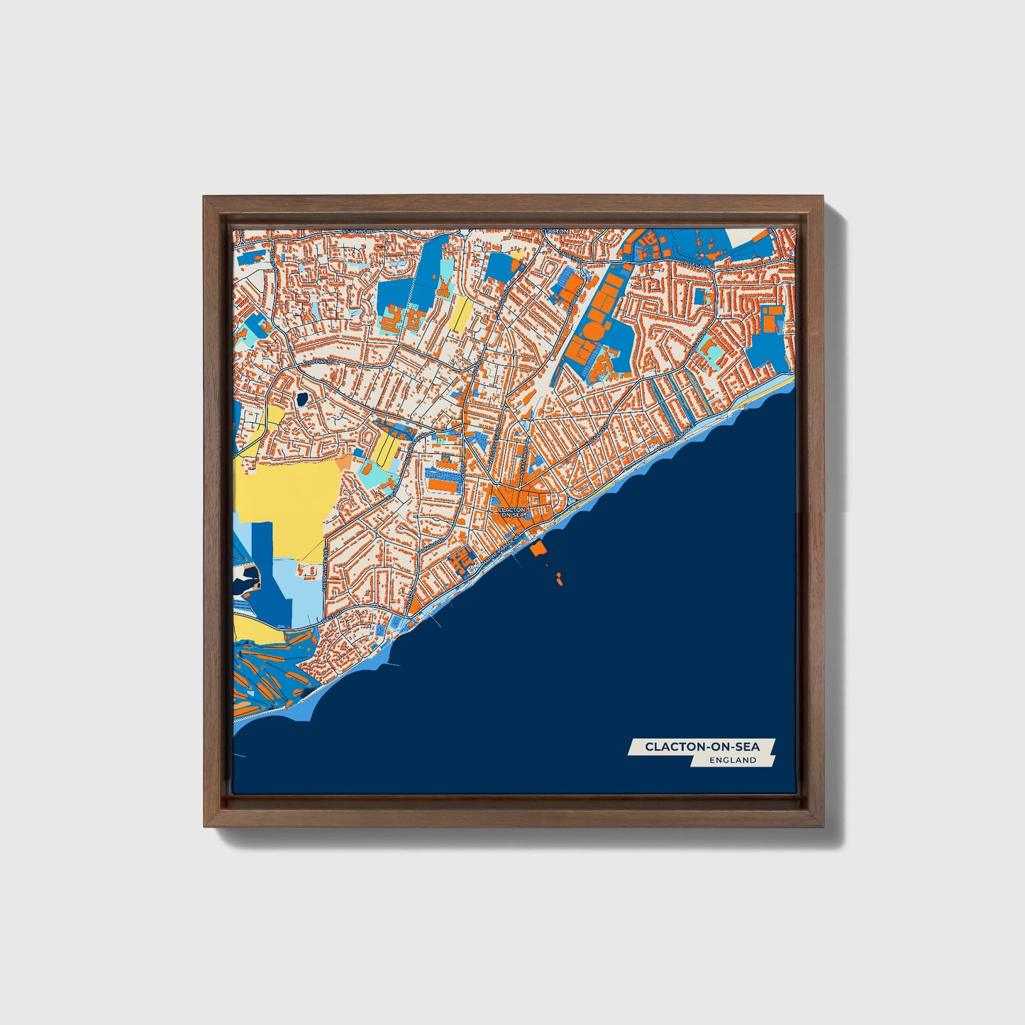 Clacton-On-Sea England Colorful City Map Canvas Print • Dark Wooden Framed