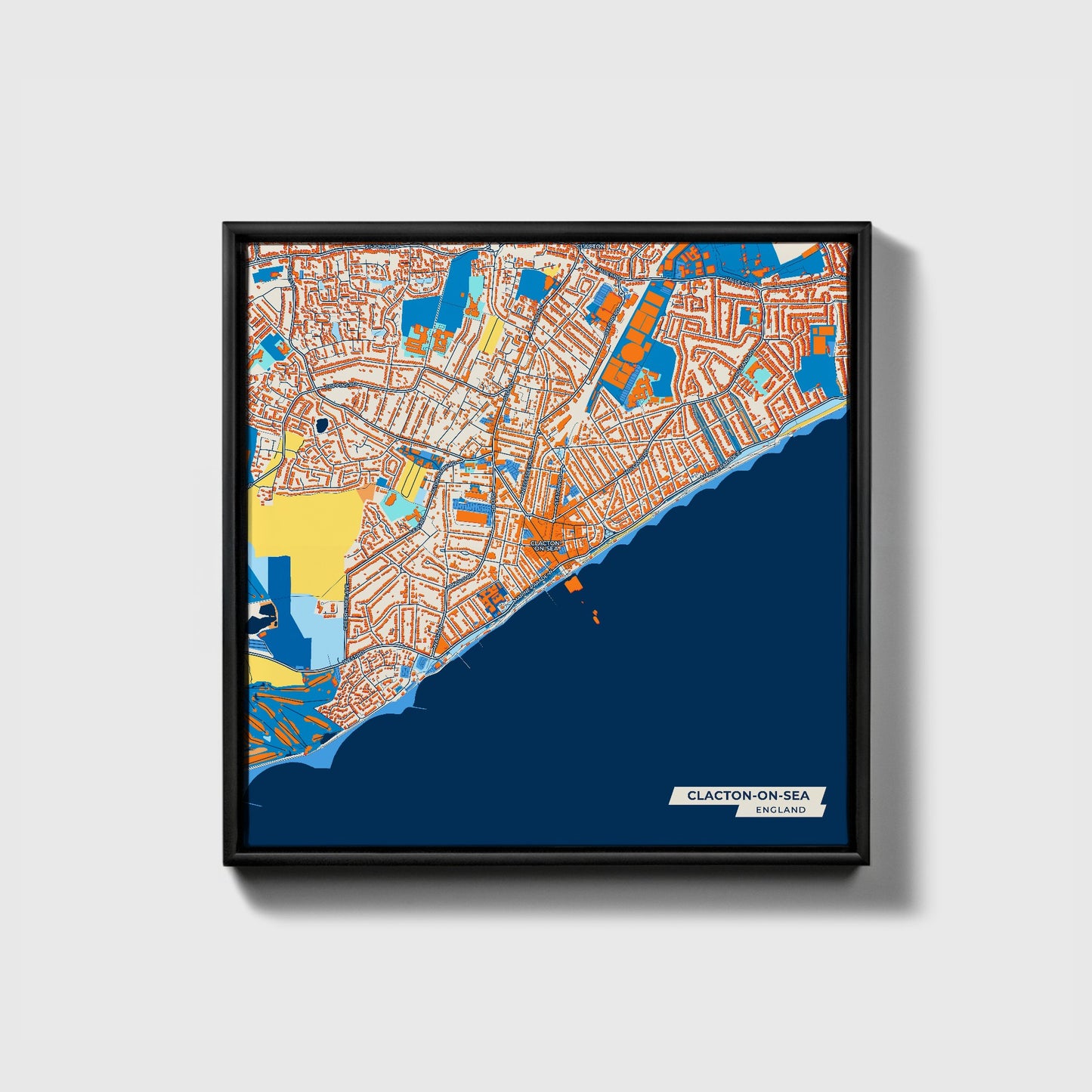 Clacton-On-Sea England Colorful City Map Canvas Print • Black Framed