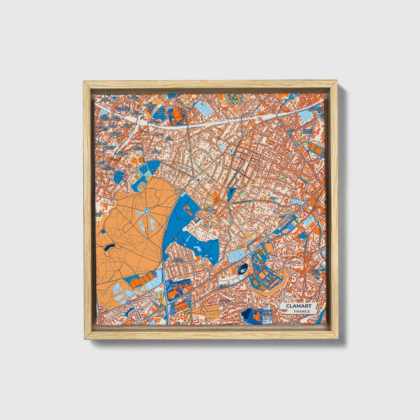 Clamart France Colorful City Map Canvas Print • Natural Wooden Framed