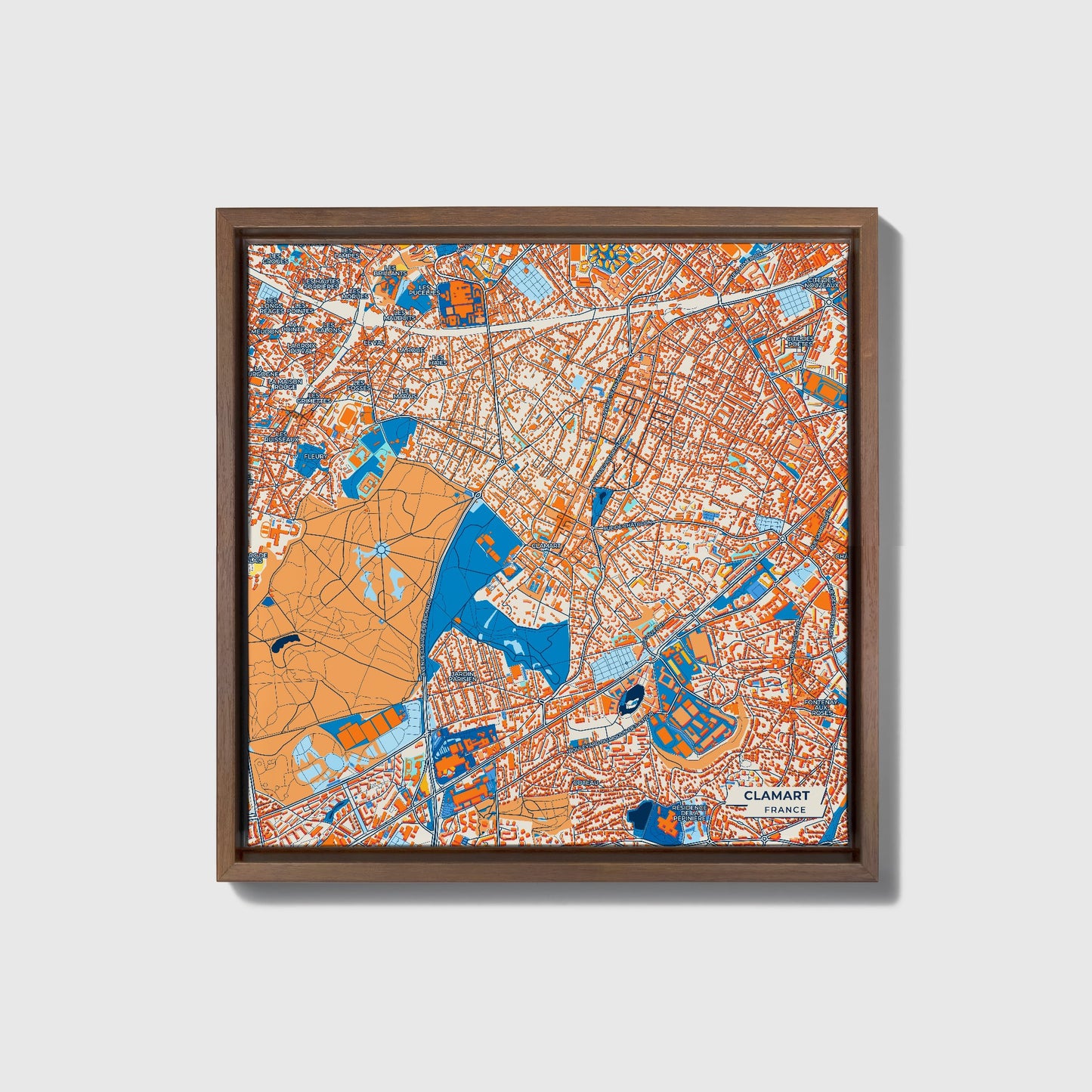 Clamart France Colorful City Map Canvas Print • Dark Wooden Framed