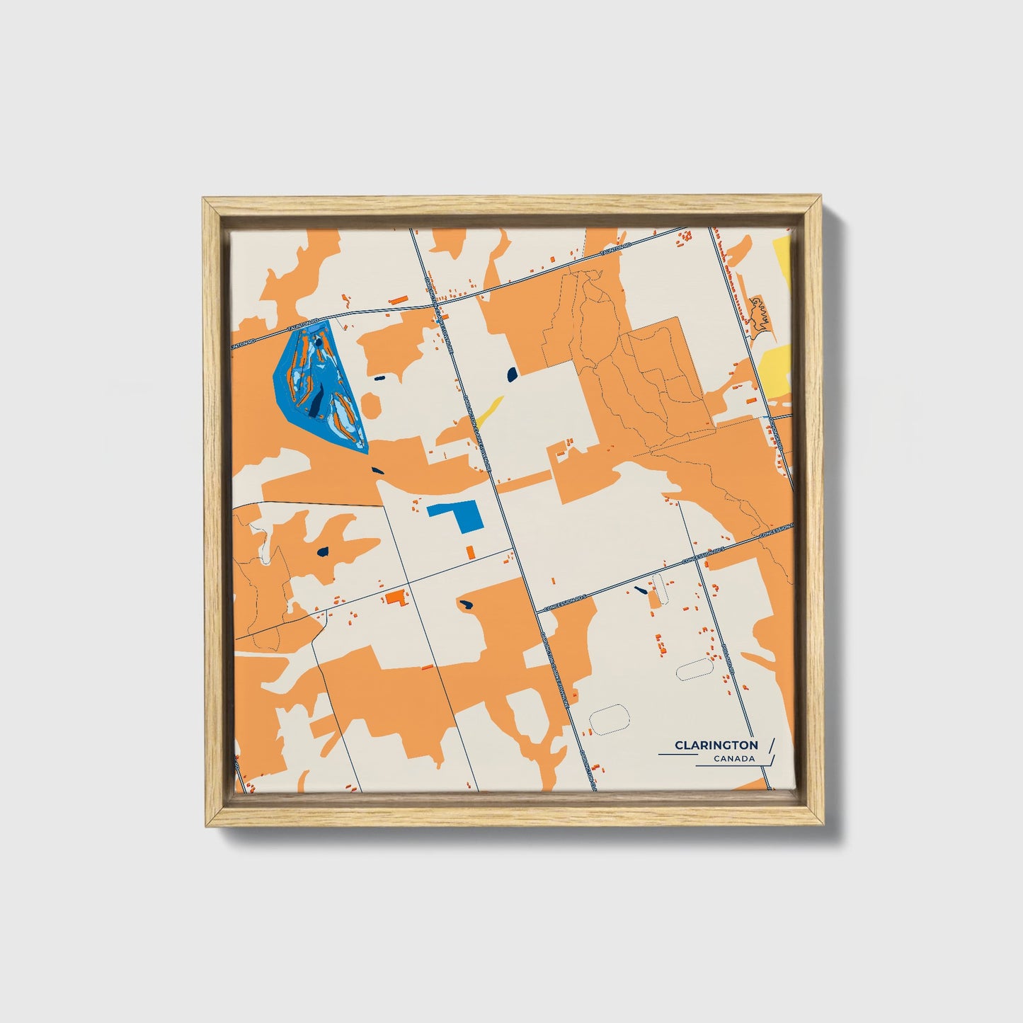 Clarington Canada Colorful City Map Canvas Print • Natural Wooden Framed