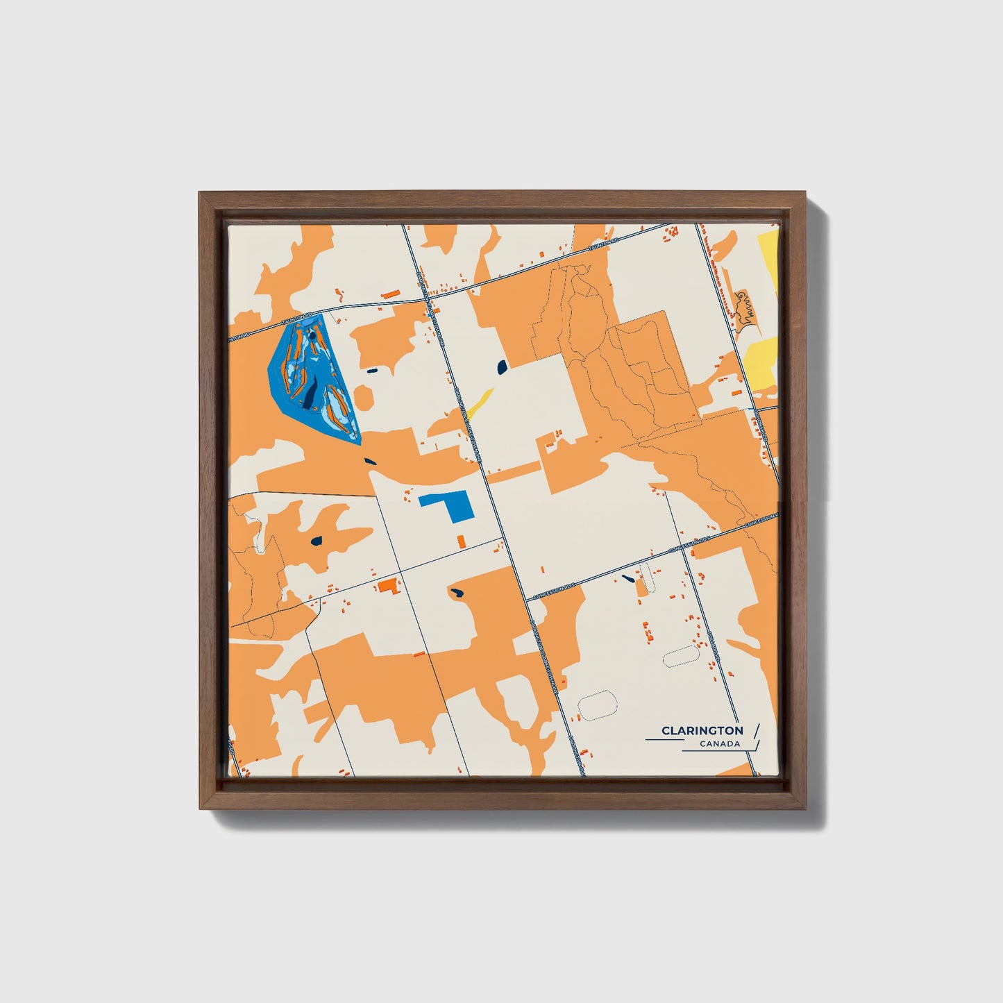 Clarington Canada Colorful City Map Canvas Print • Dark Wooden Framed