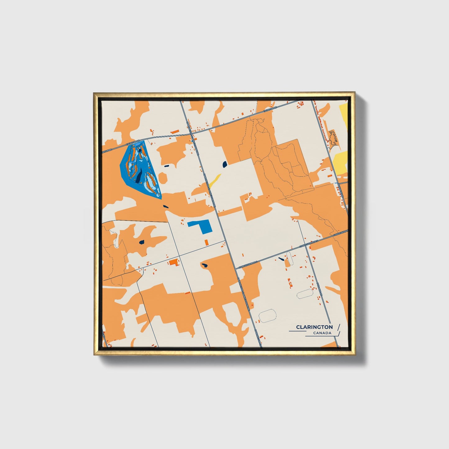 Clarington Canada Colorful City Map Canvas Print • Gold Framed