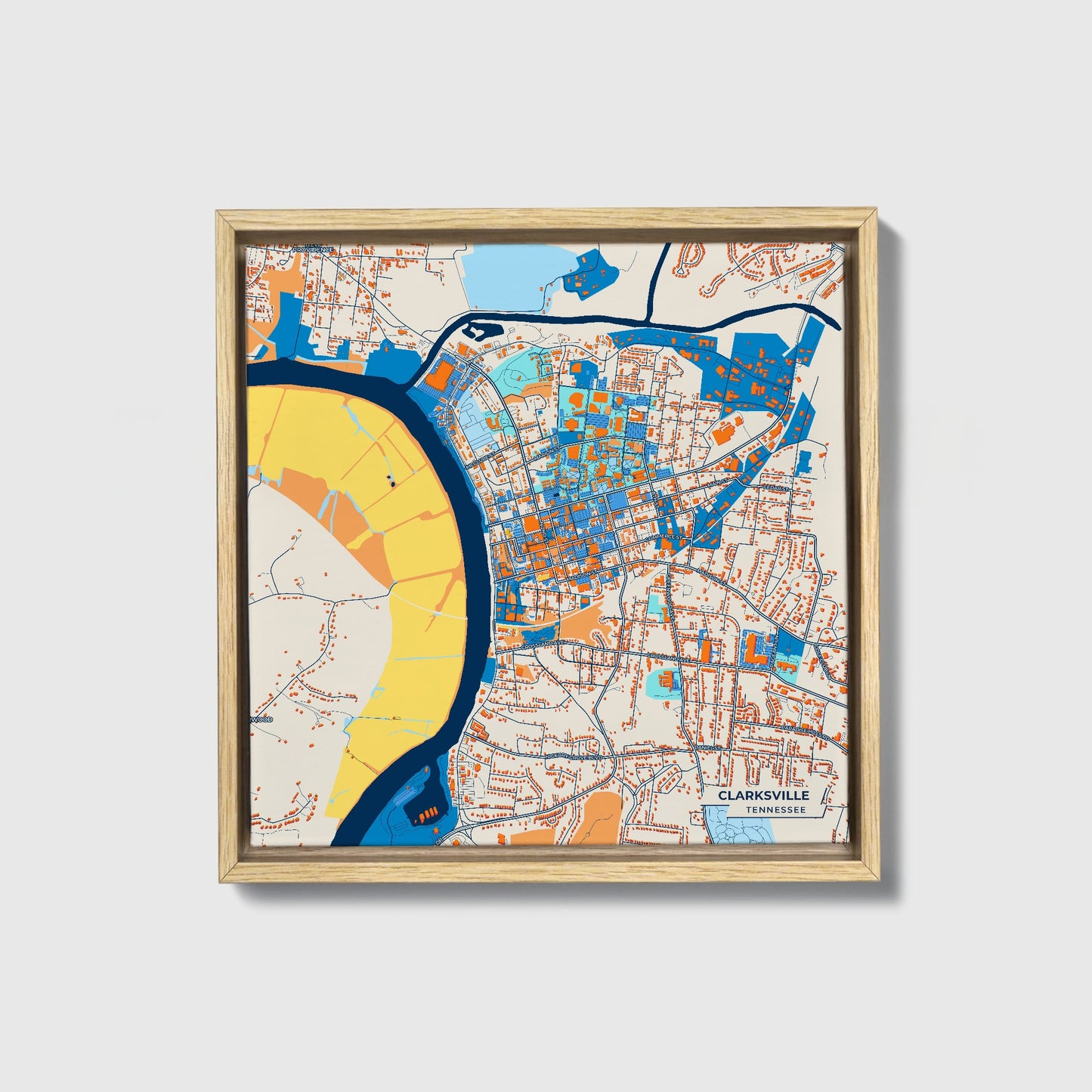 Clarksville Tennessee Colorful City Map Canvas Print • Natural Wooden Framed
