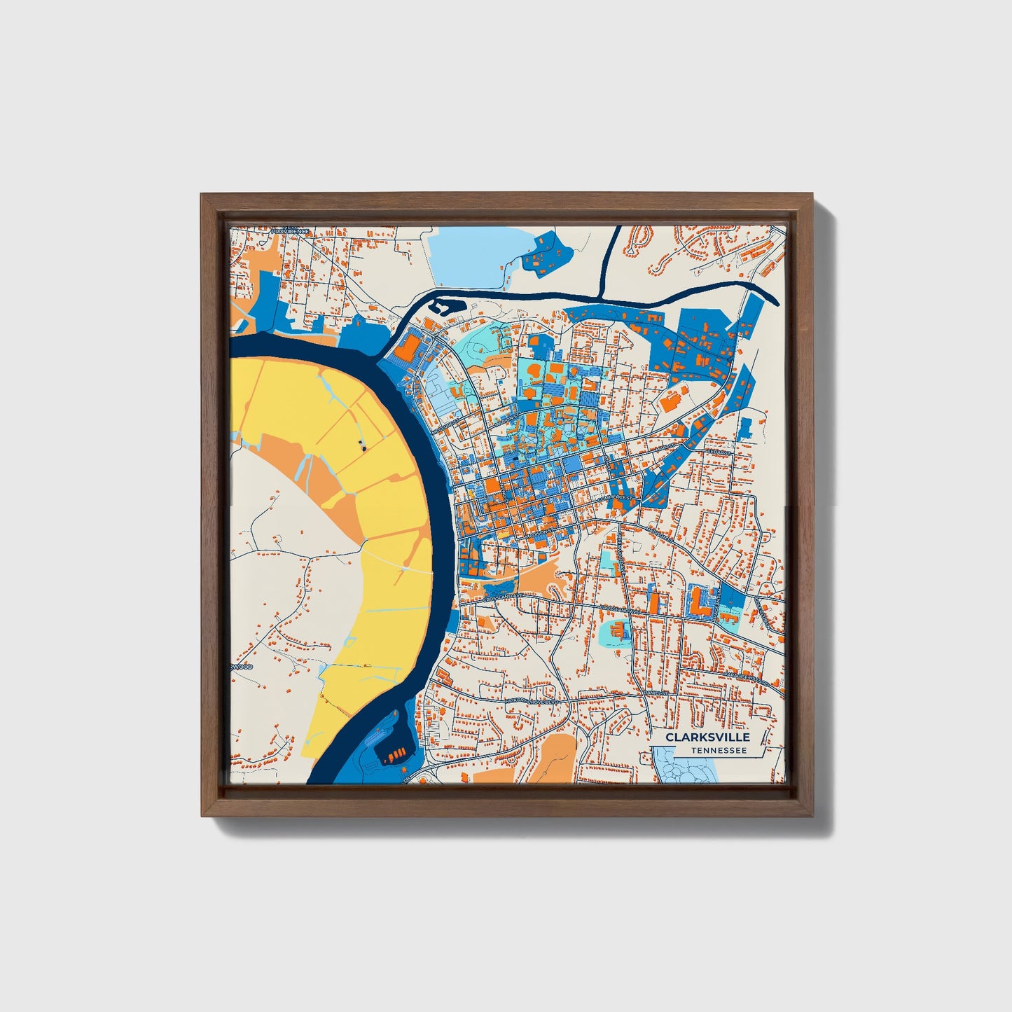Clarksville Tennessee Colorful City Map Canvas Print • Dark Wooden Framed