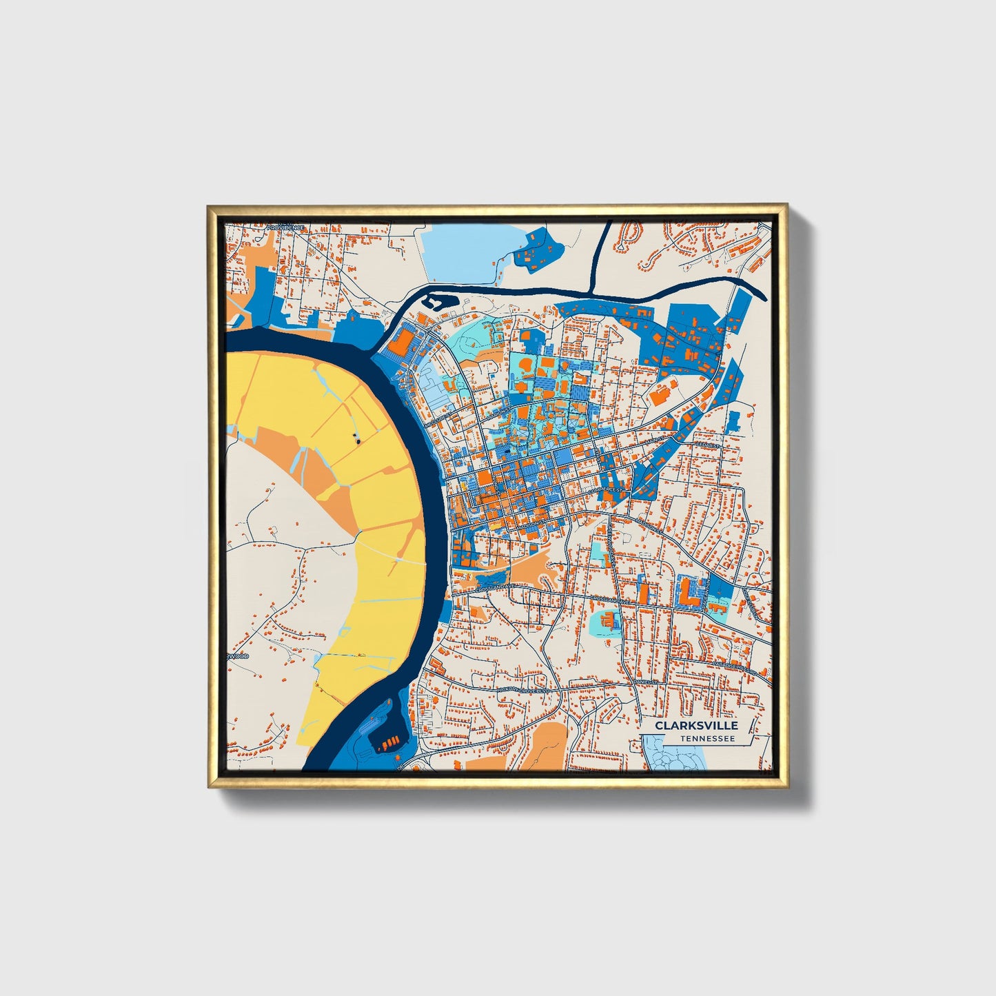 Clarksville Tennessee Colorful City Map Canvas Print • Gold Framed