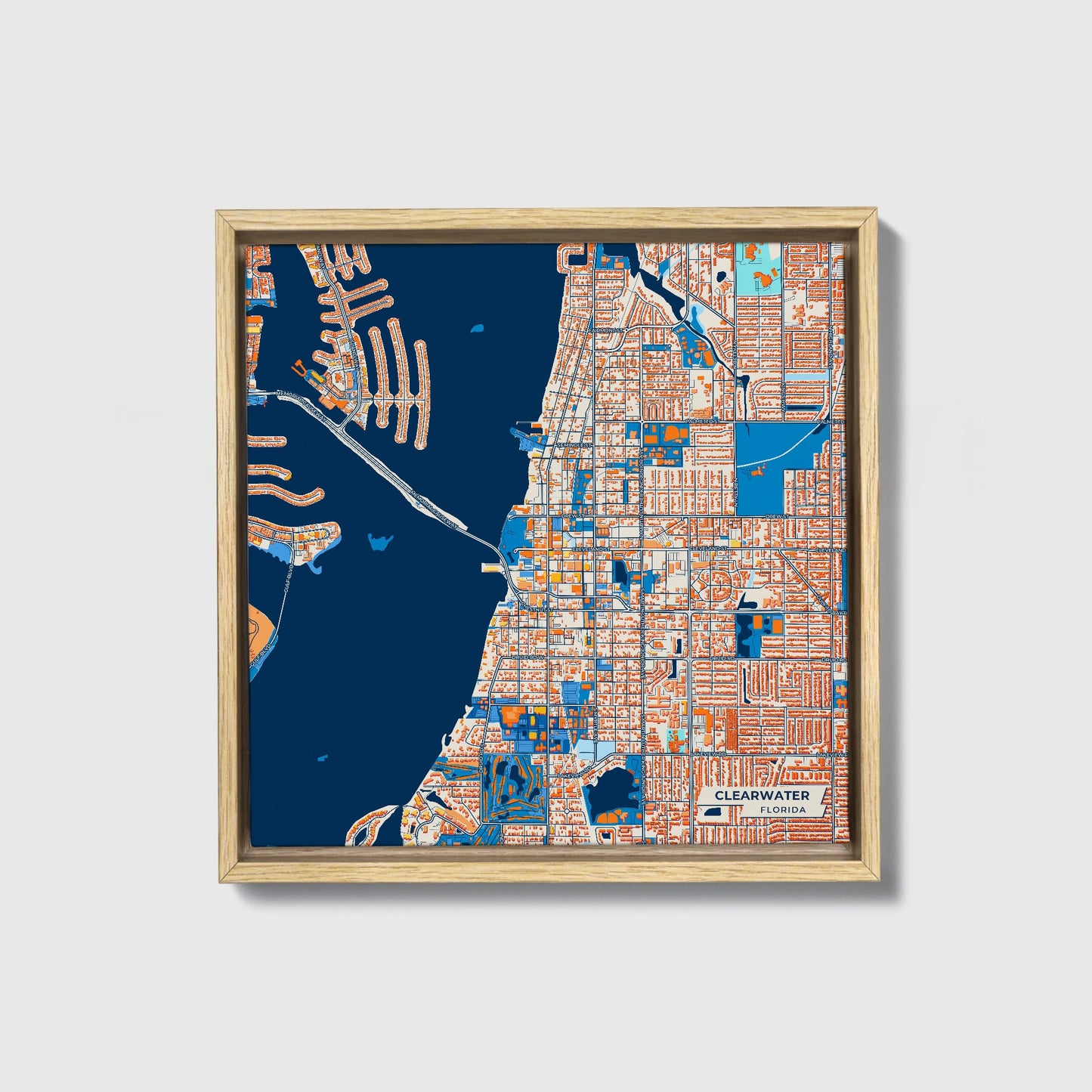 Clearwater Florida Colorful City Map Canvas Print • Natural Wooden Framed