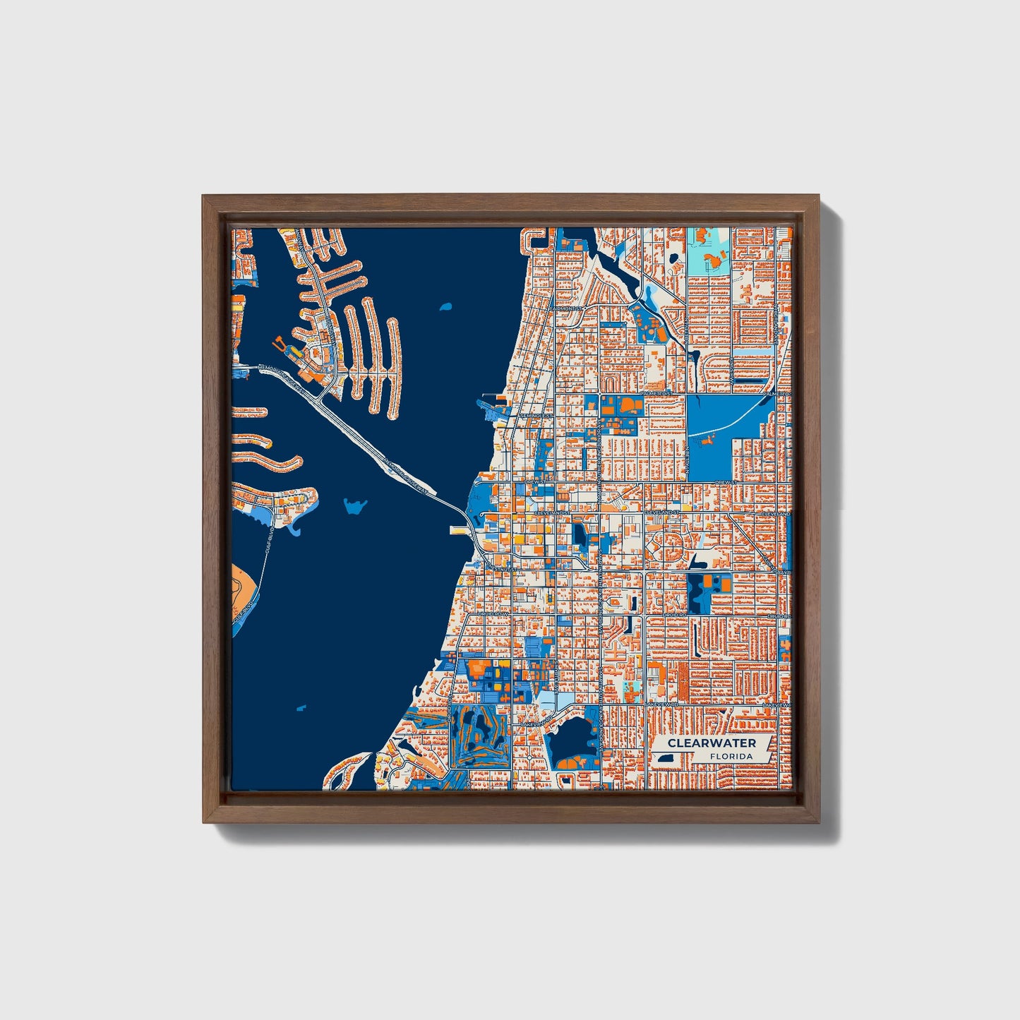 Clearwater Florida Colorful City Map Canvas Print • Dark Wooden Framed