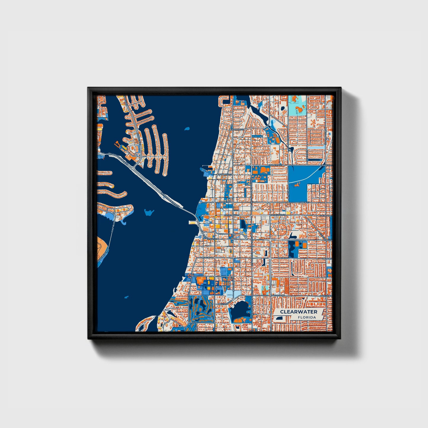 Clearwater Florida Colorful City Map Canvas Print • Black Framed