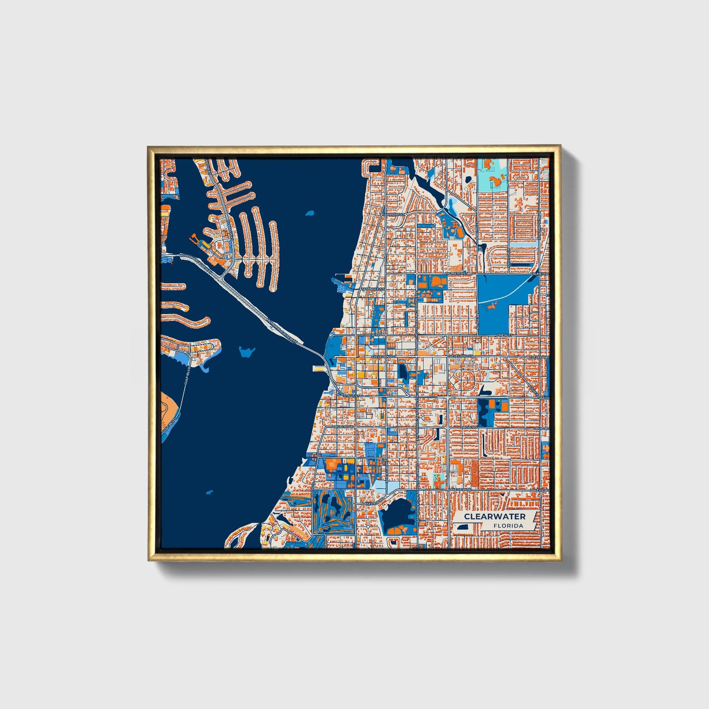 Clearwater Florida Colorful City Map Canvas Print • Gold Framed