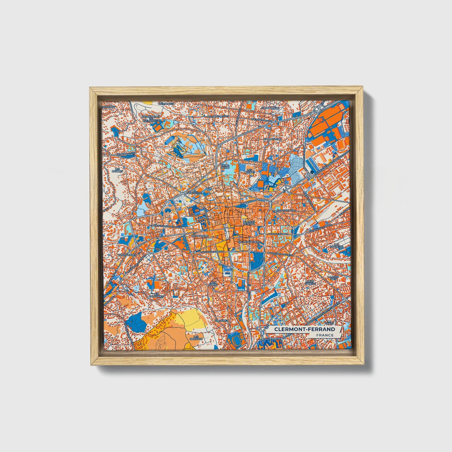 Clermont-Ferrand France Colorful City Map Canvas Print • Natural Wooden Framed
