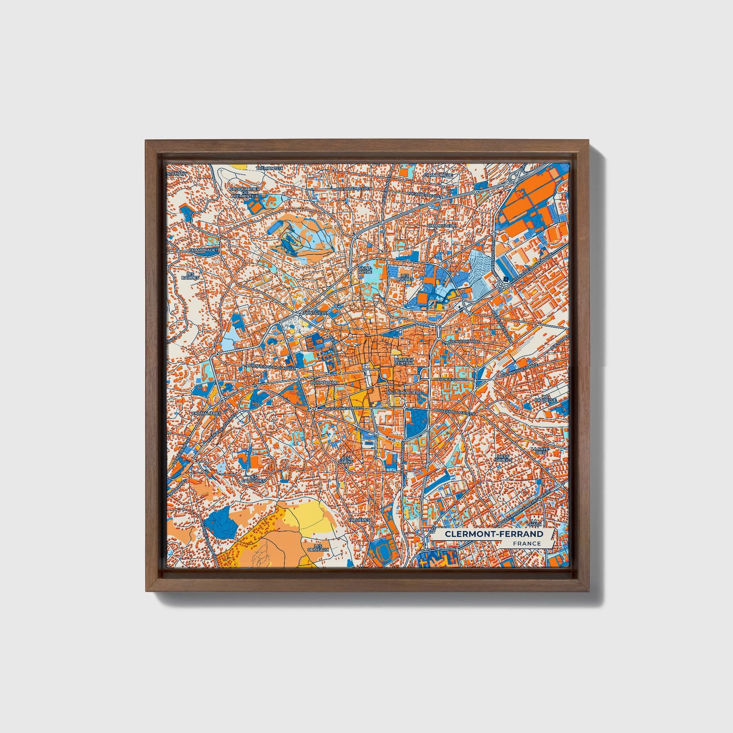 Clermont-Ferrand France Colorful City Map Canvas Print • Dark Wooden Framed