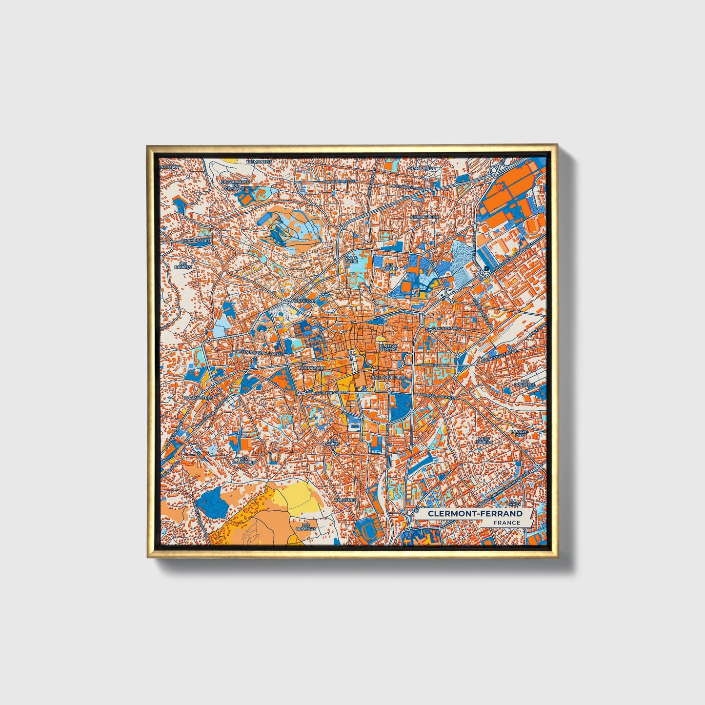 Clermont-Ferrand France Colorful City Map Canvas Print • Gold Framed