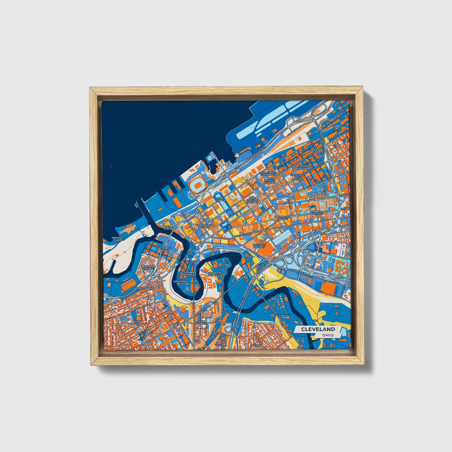 Cleveland Ohio Colorful City Map Canvas Print • Natural Wooden Framed