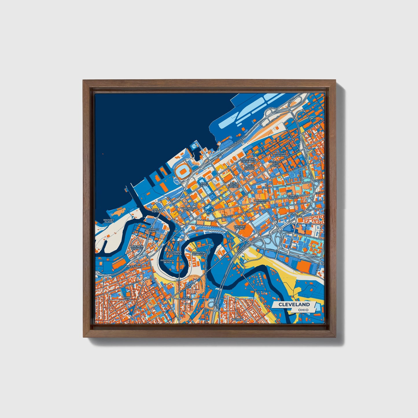 Cleveland Ohio Colorful City Map Canvas Print • Dark Wooden Framed