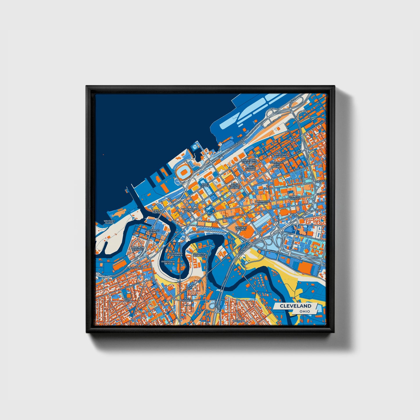 Cleveland Ohio Colorful City Map Canvas Print • Black Framed