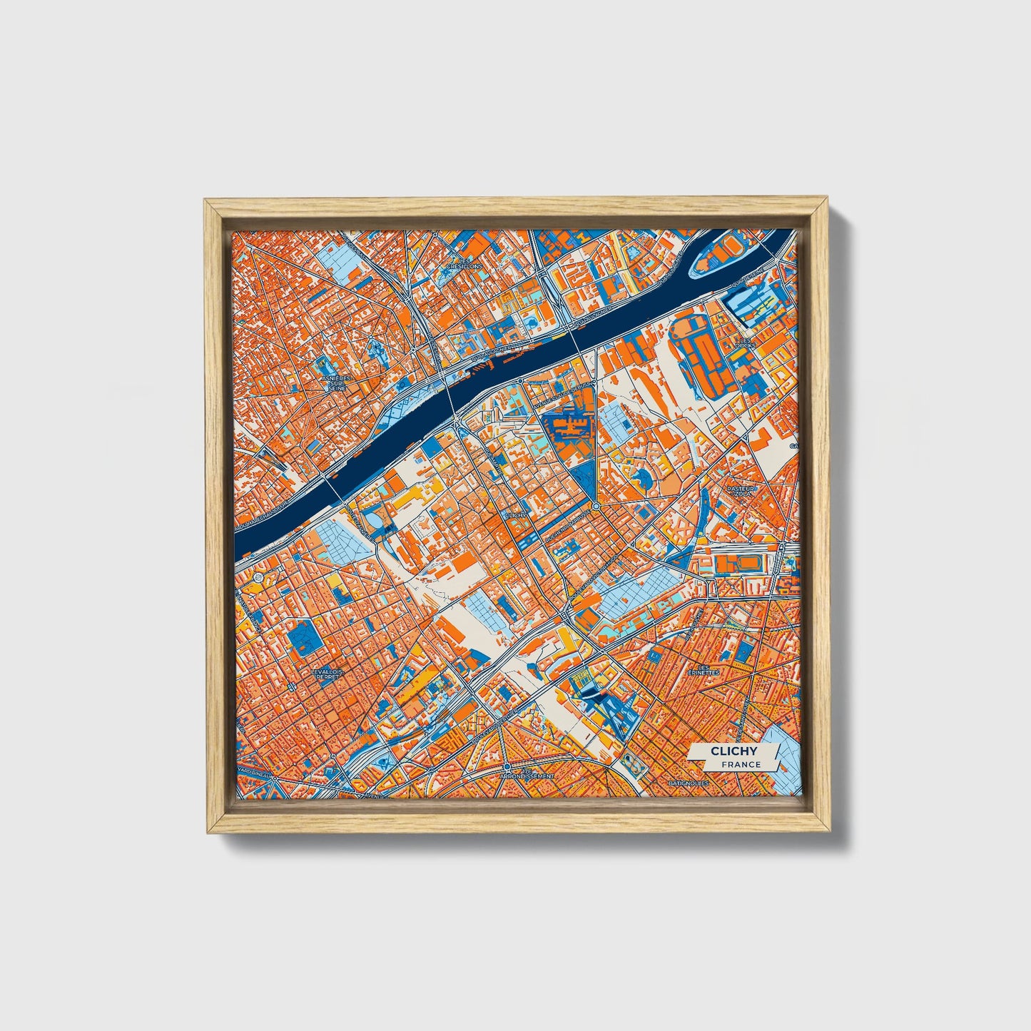 Clichy France Colorful City Map Canvas Print • Natural Wooden Framed