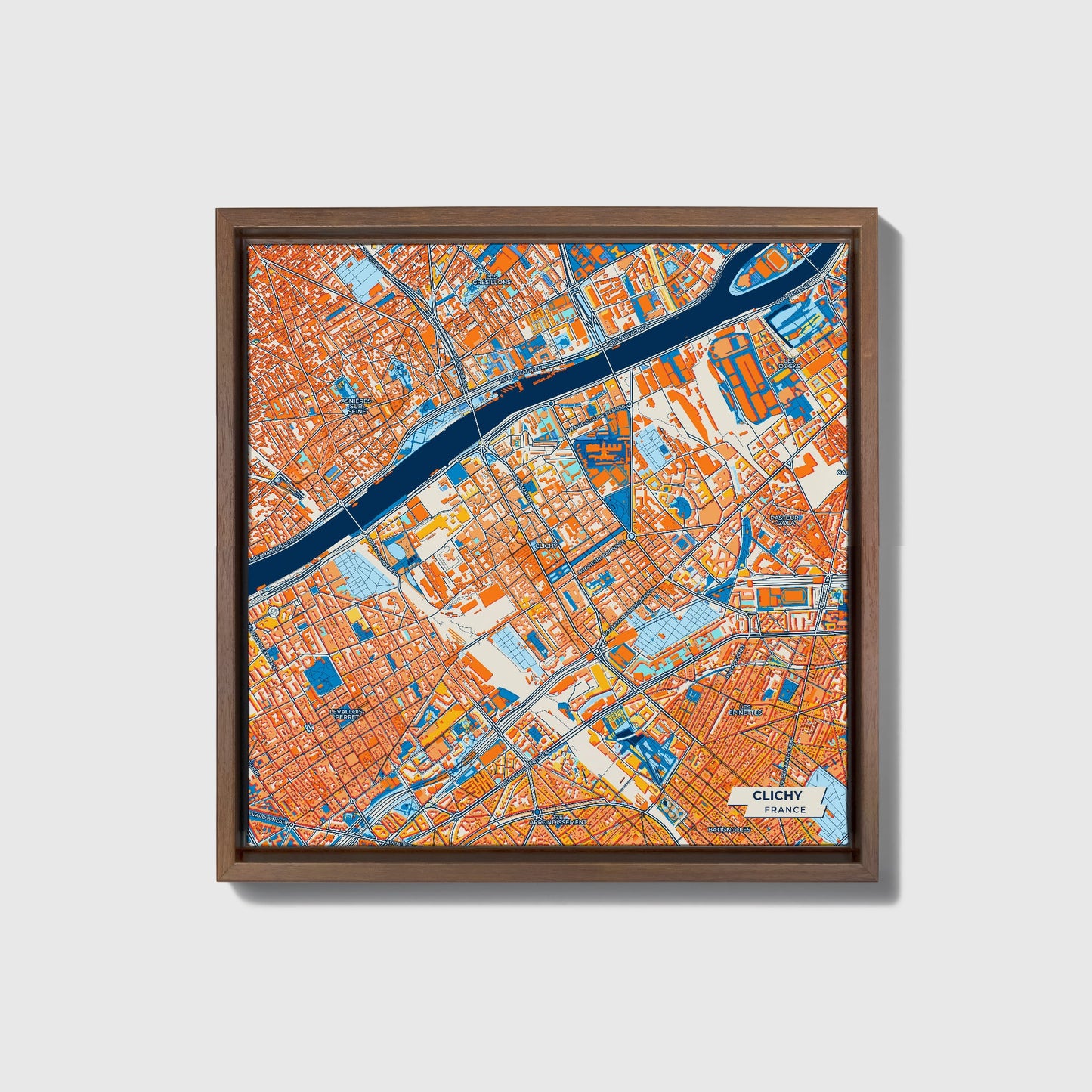 Clichy France Colorful City Map Canvas Print • Dark Wooden Framed