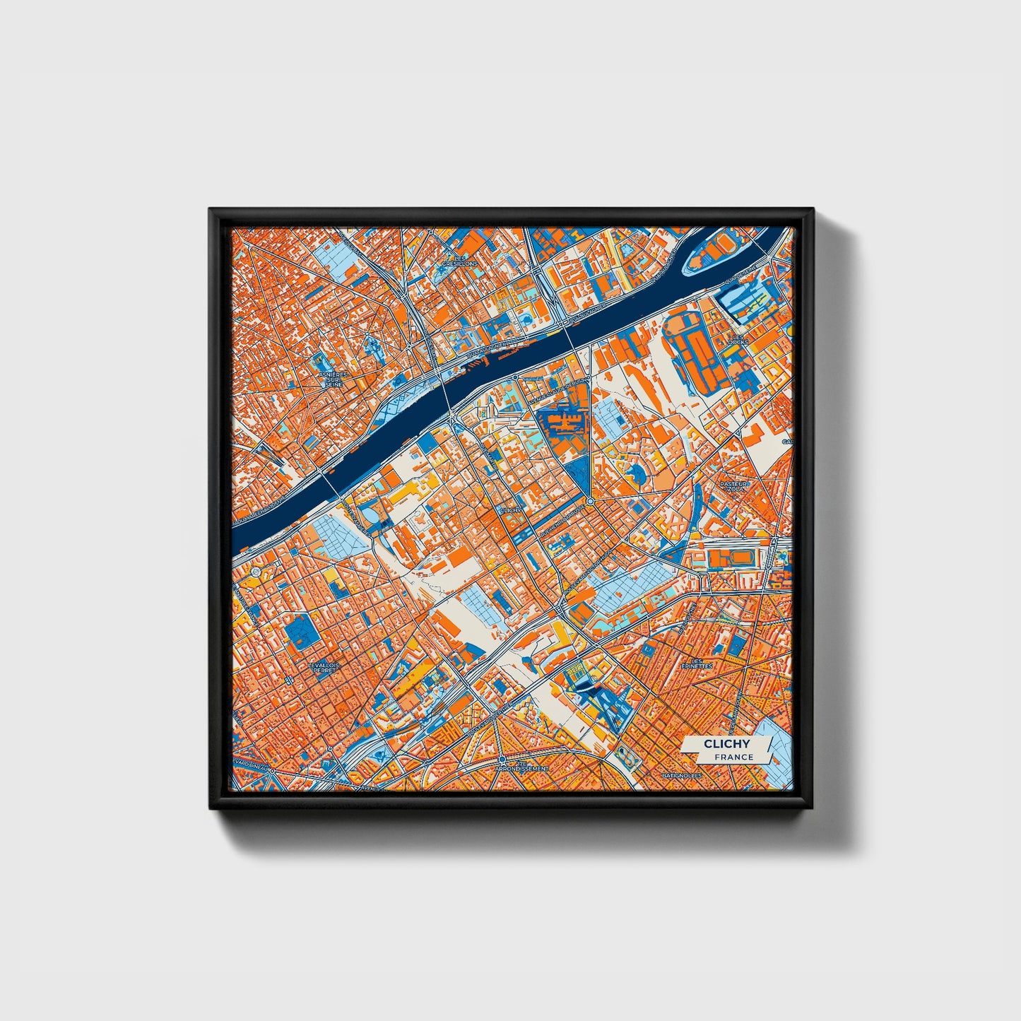 Clichy France Colorful City Map Canvas Print • Black Framed