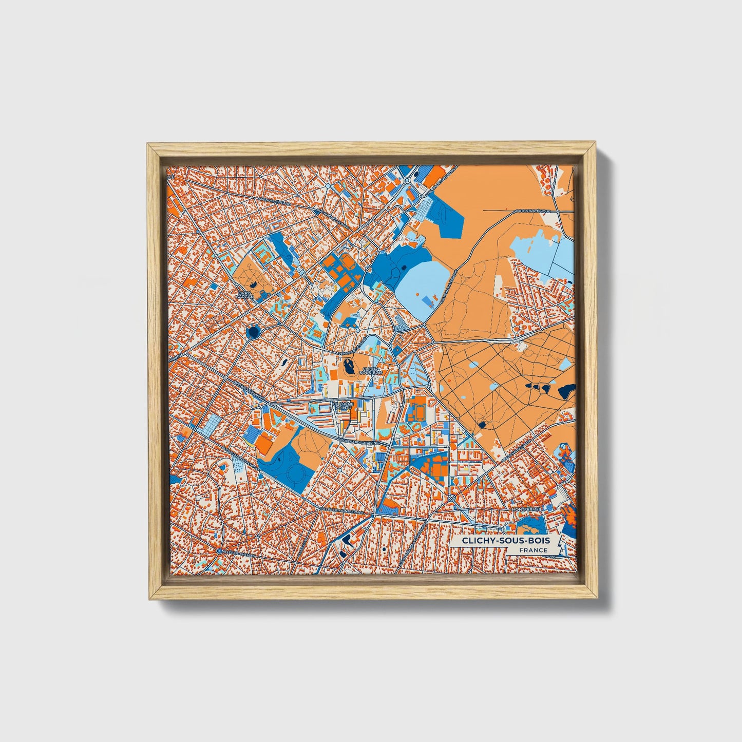Clichy-Sous-Bois France Colorful City Map Canvas Print • Natural Wooden Framed