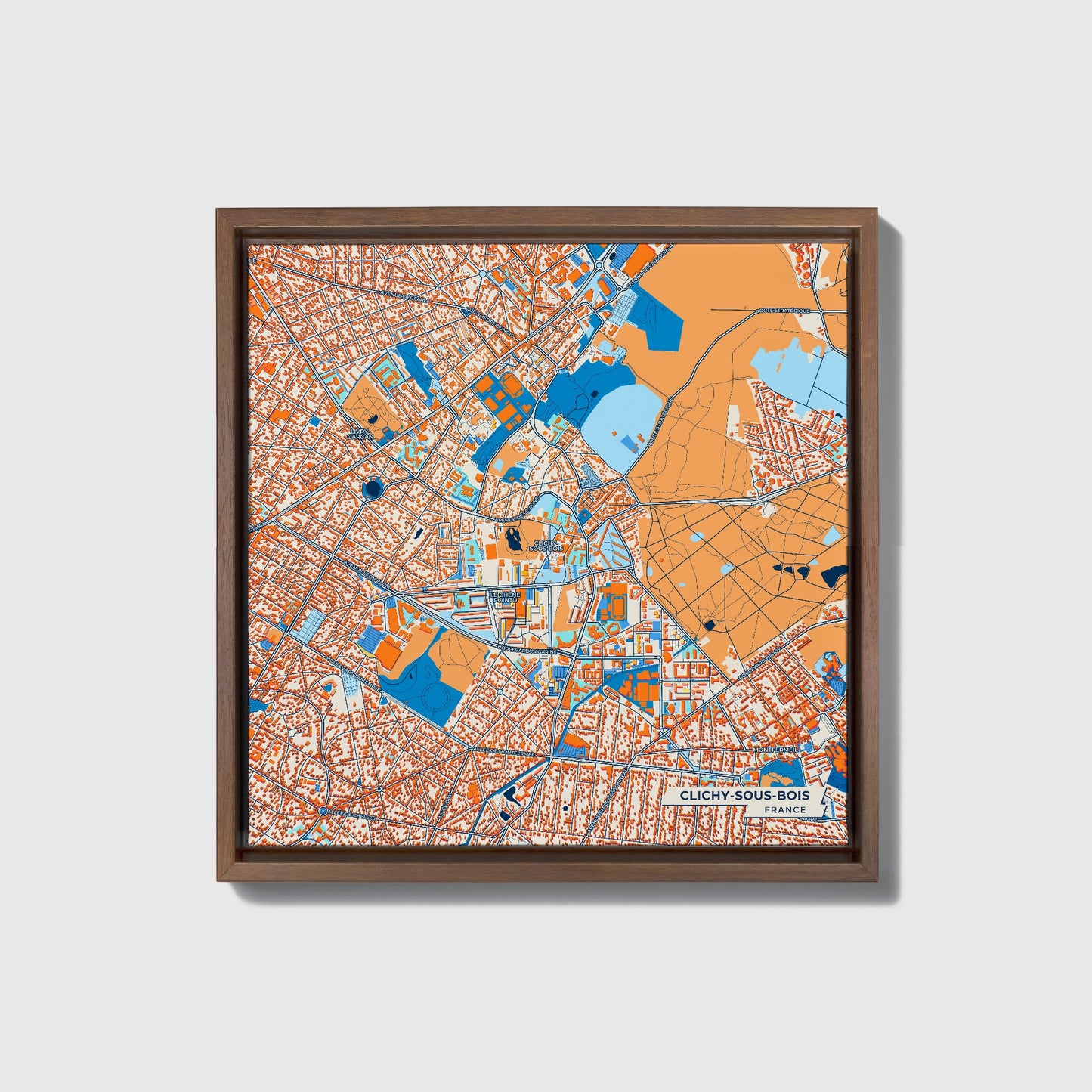 Clichy-Sous-Bois France Colorful City Map Canvas Print • Dark Wooden Framed