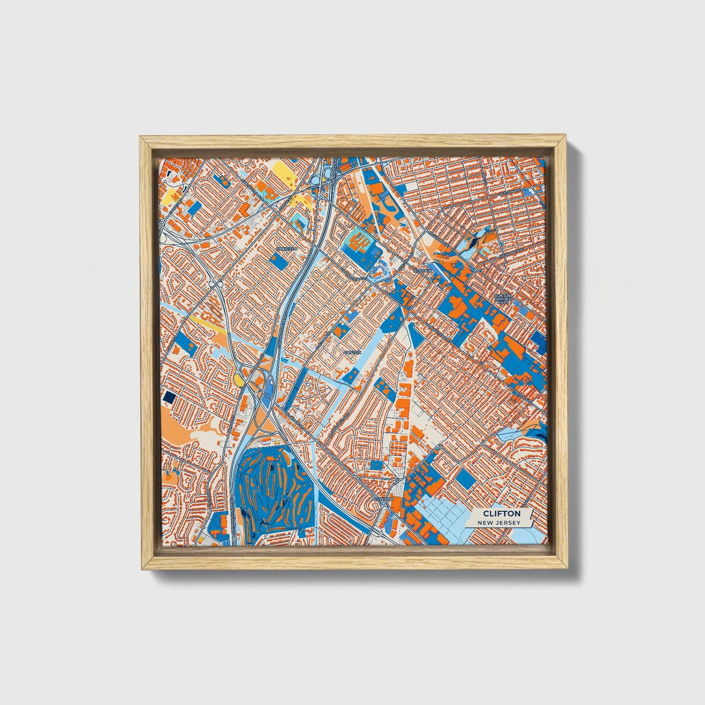 Clifton New Jersey Colorful City Map Canvas Print • Natural Wooden Framed