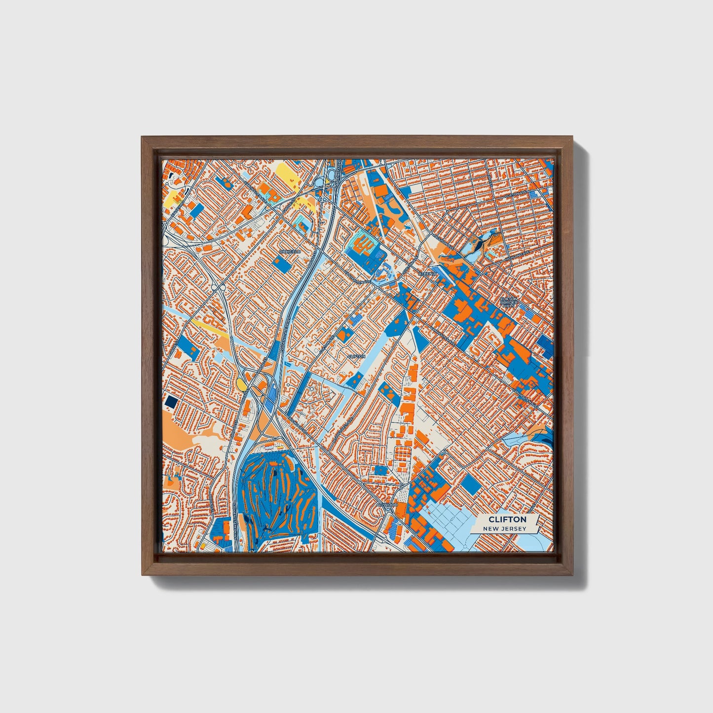 Clifton New Jersey Colorful City Map Canvas Print • Dark Wooden Framed