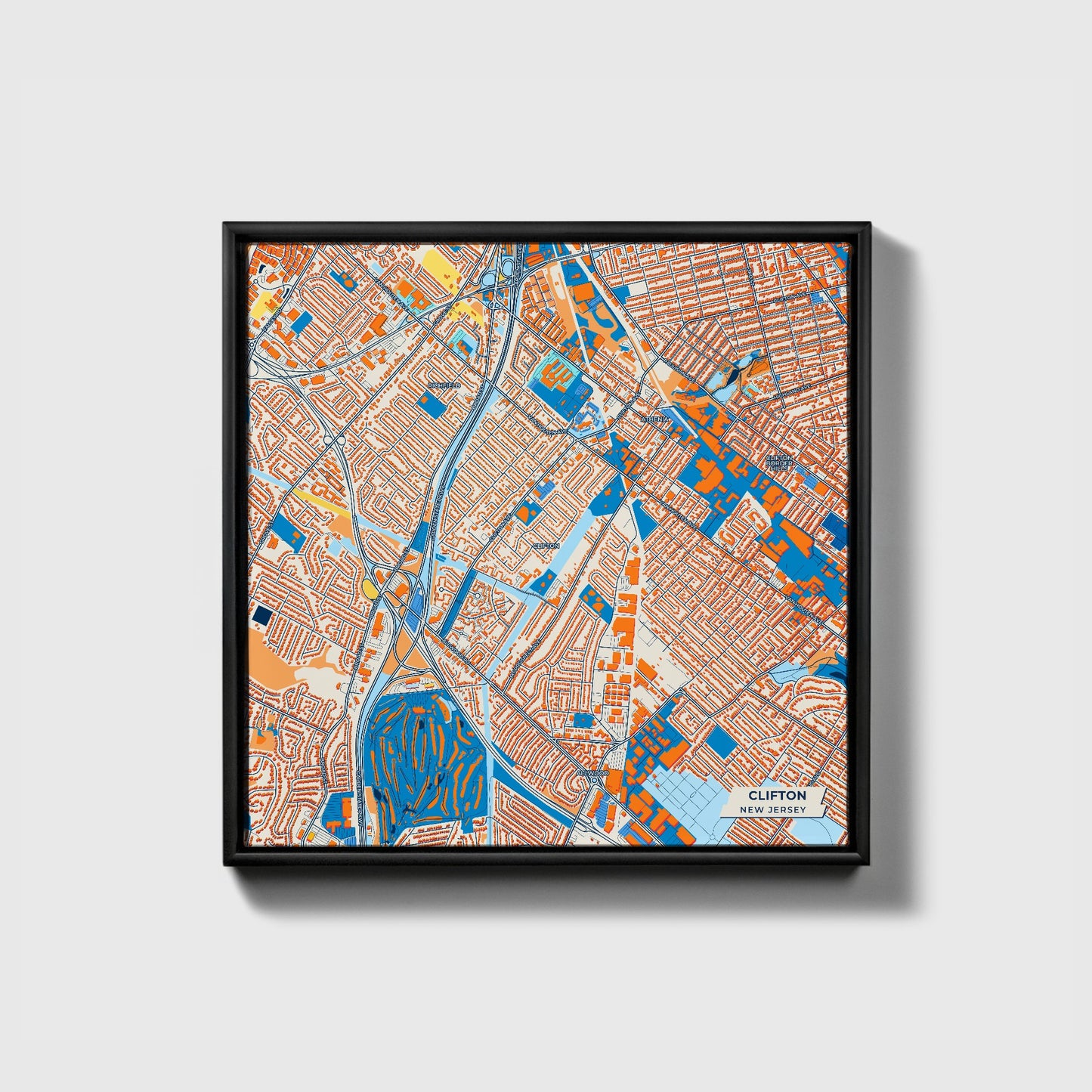 Clifton New Jersey Colorful City Map Canvas Print • Black Framed