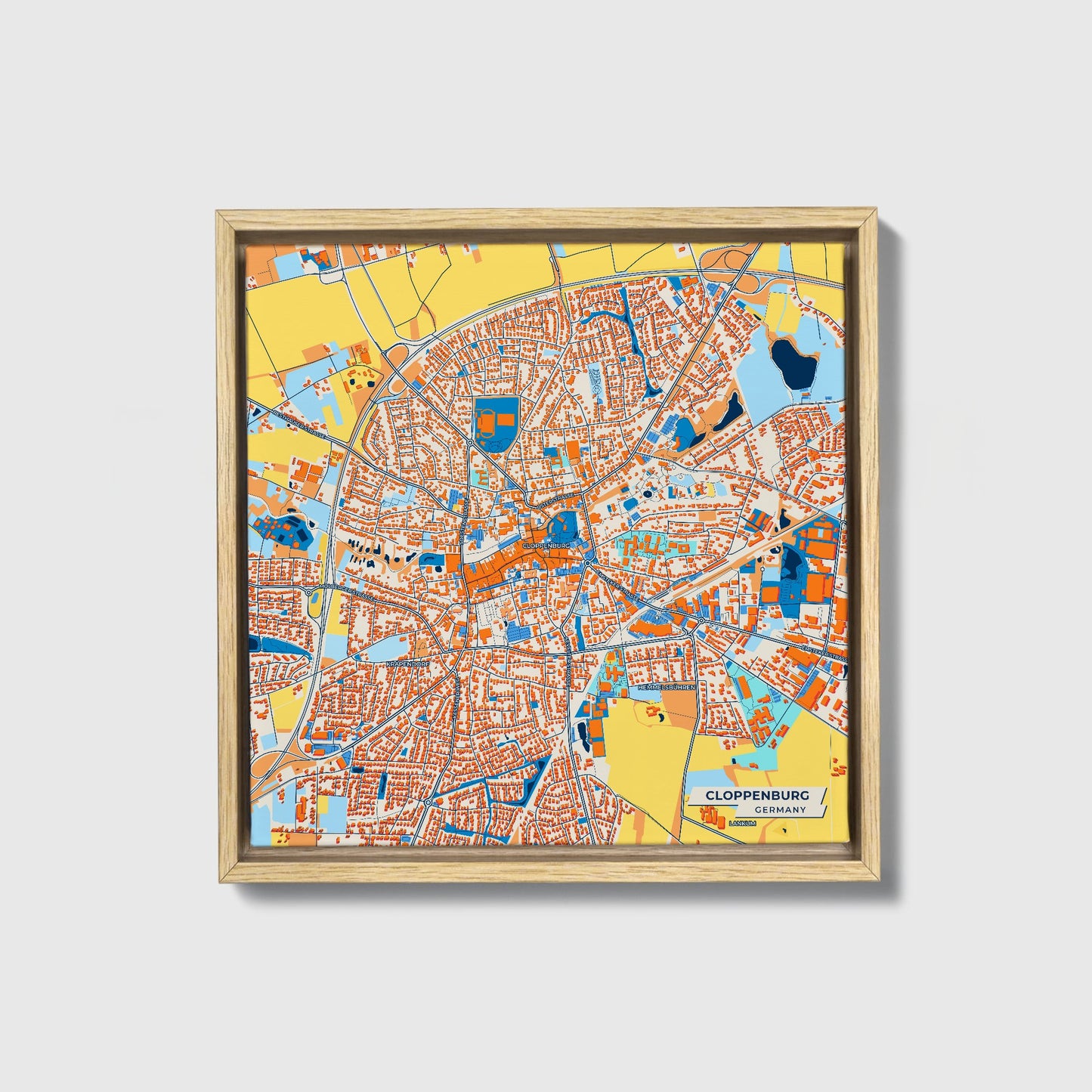 Cloppenburg Germany Colorful City Map Canvas Print • Natural Wooden Framed