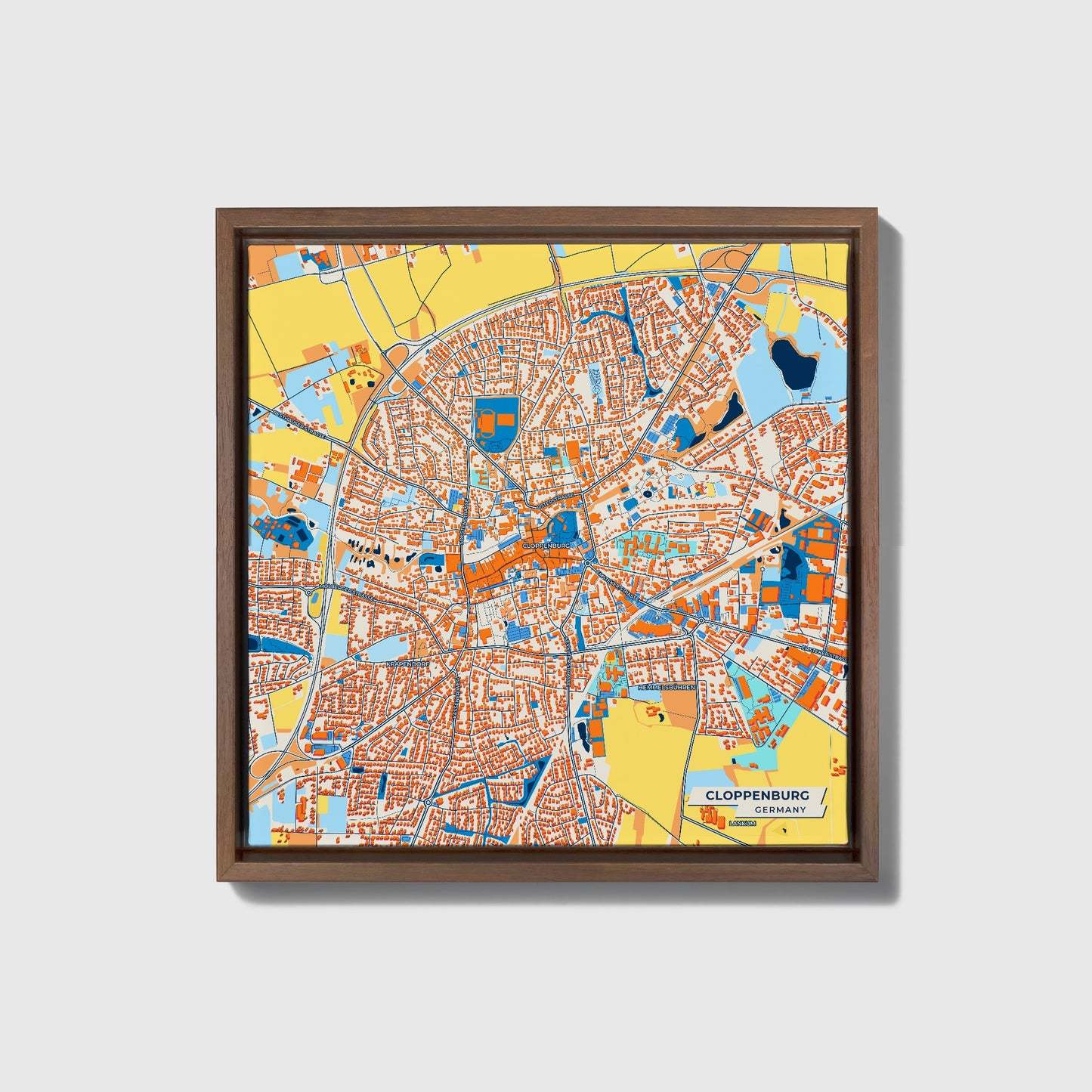 Cloppenburg Germany Colorful City Map Canvas Print • Dark Wooden Framed
