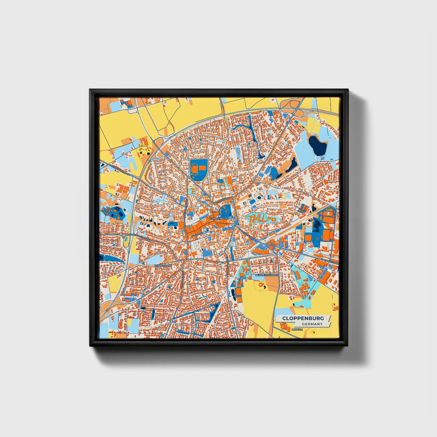 Cloppenburg Germany Colorful City Map Canvas Print • Black Framed
