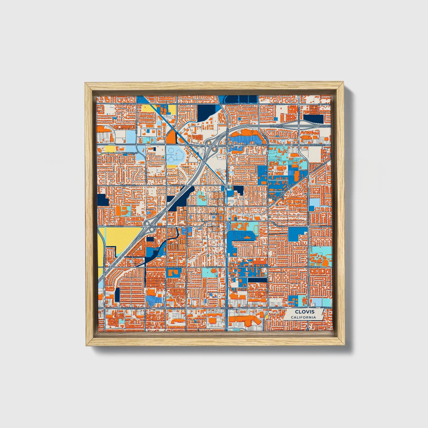 Clovis California Colorful City Map Canvas Print • Natural Wooden Framed