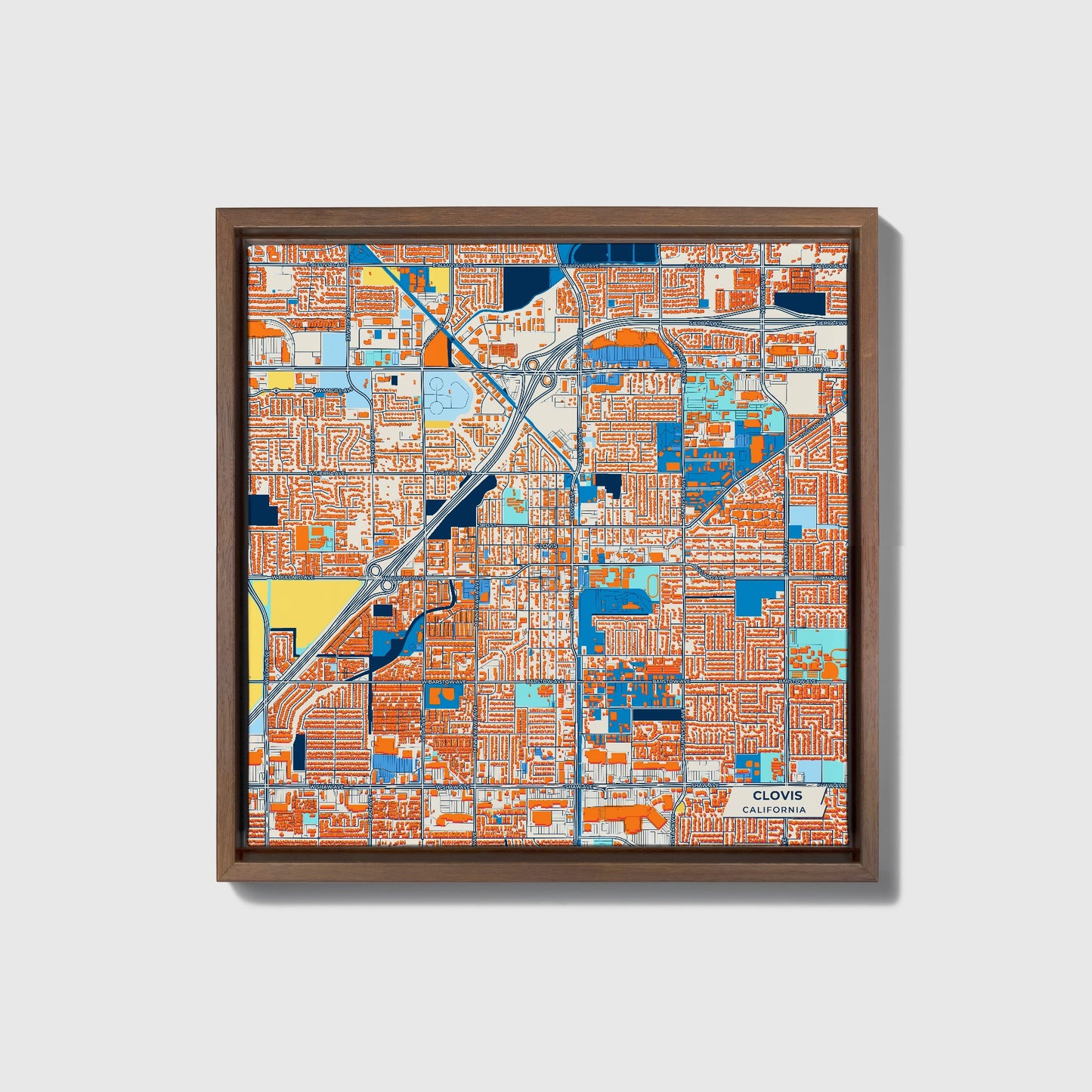 Clovis California Colorful City Map Canvas Print • Dark Wooden Framed