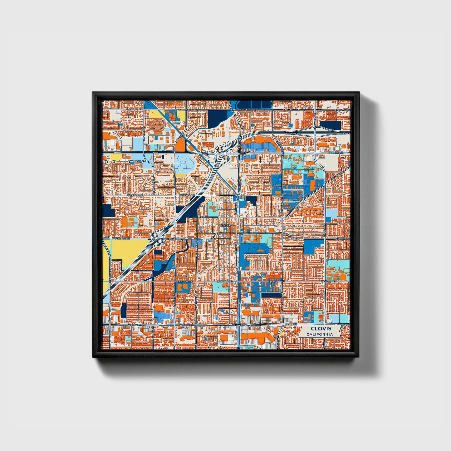 Clovis California Colorful City Map Canvas Print • Black Framed