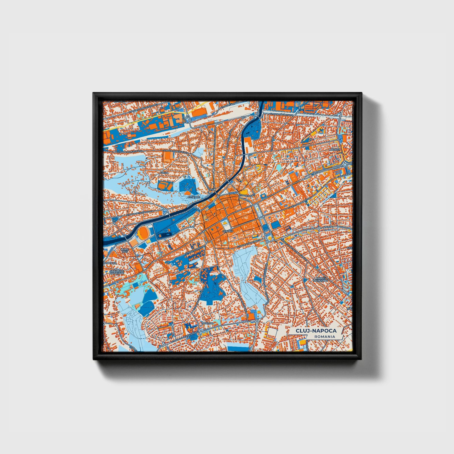 Cluj-Napoca Romania Colorful City Map Canvas Print • Black Framed