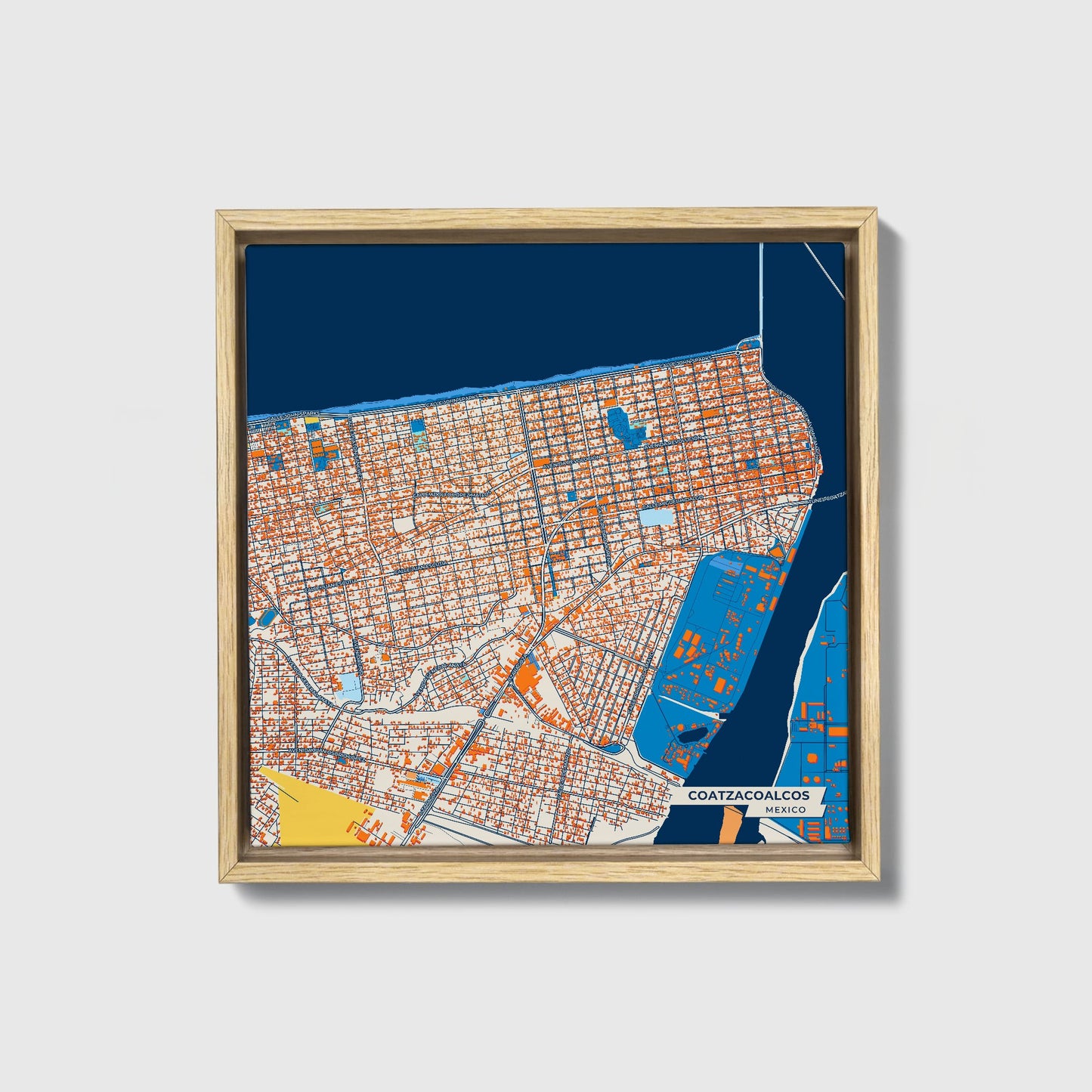 Coatzacoalcos Mexico Colorful City Map Canvas Print • Natural Wooden Framed