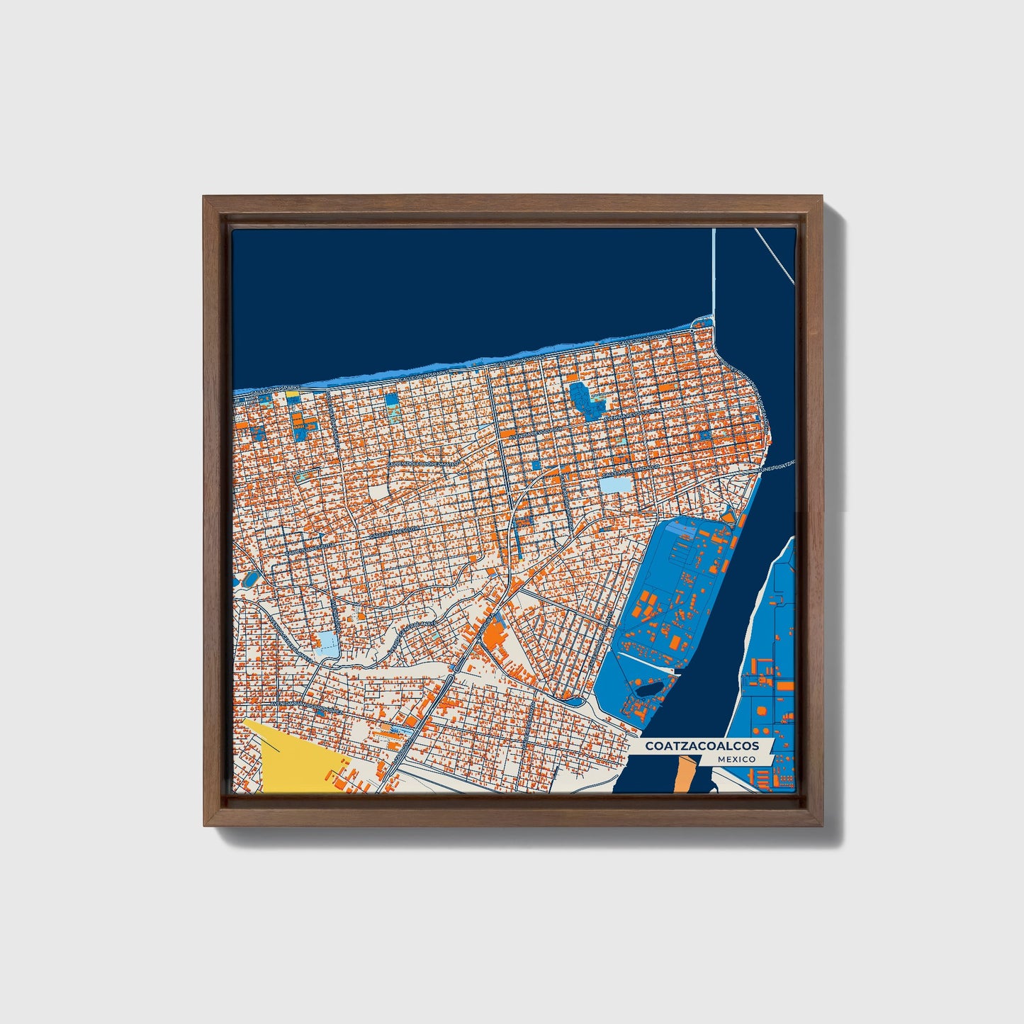 Coatzacoalcos Mexico Colorful City Map Canvas Print • Dark Wooden Framed