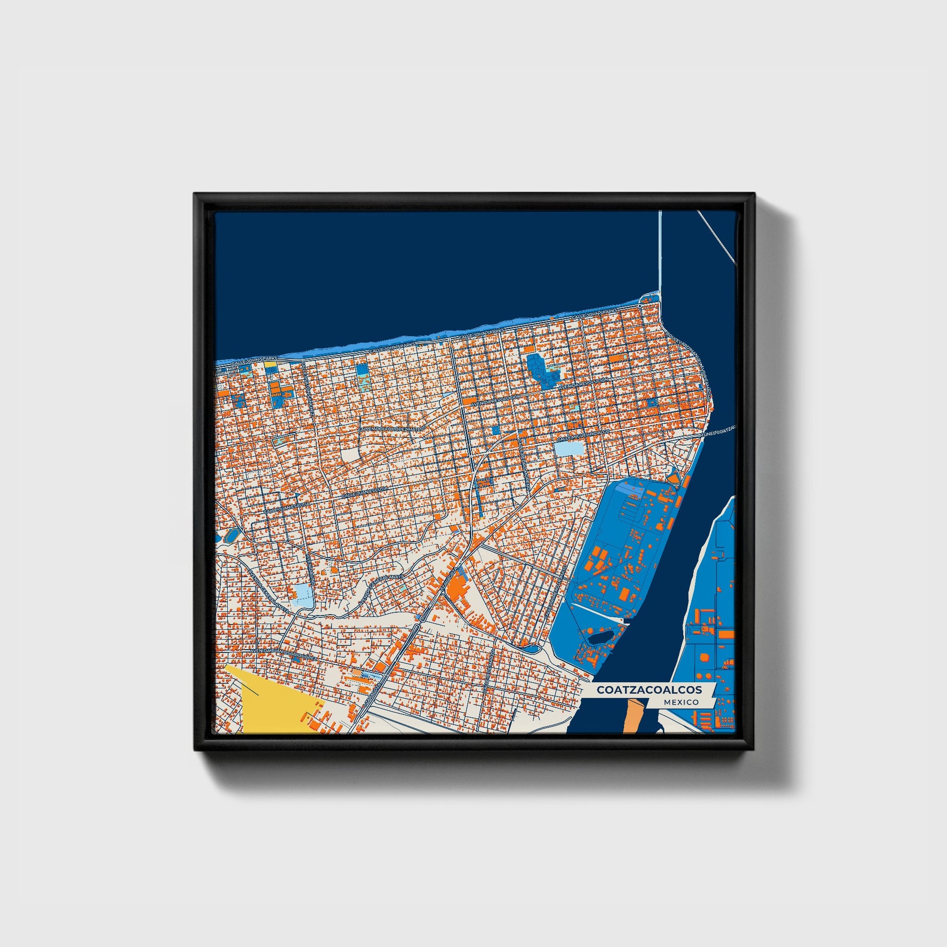 Coatzacoalcos Mexico Colorful City Map Canvas Print • Black Framed