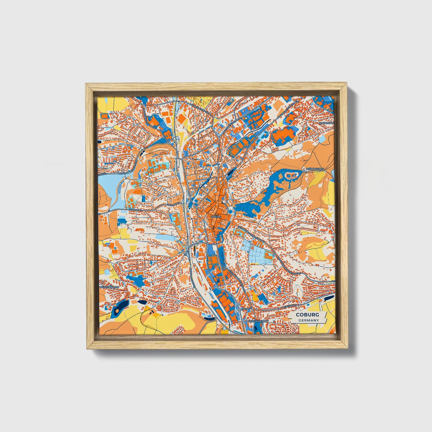 Coburg Germany Colorful City Map Canvas Print • Natural Wooden Framed