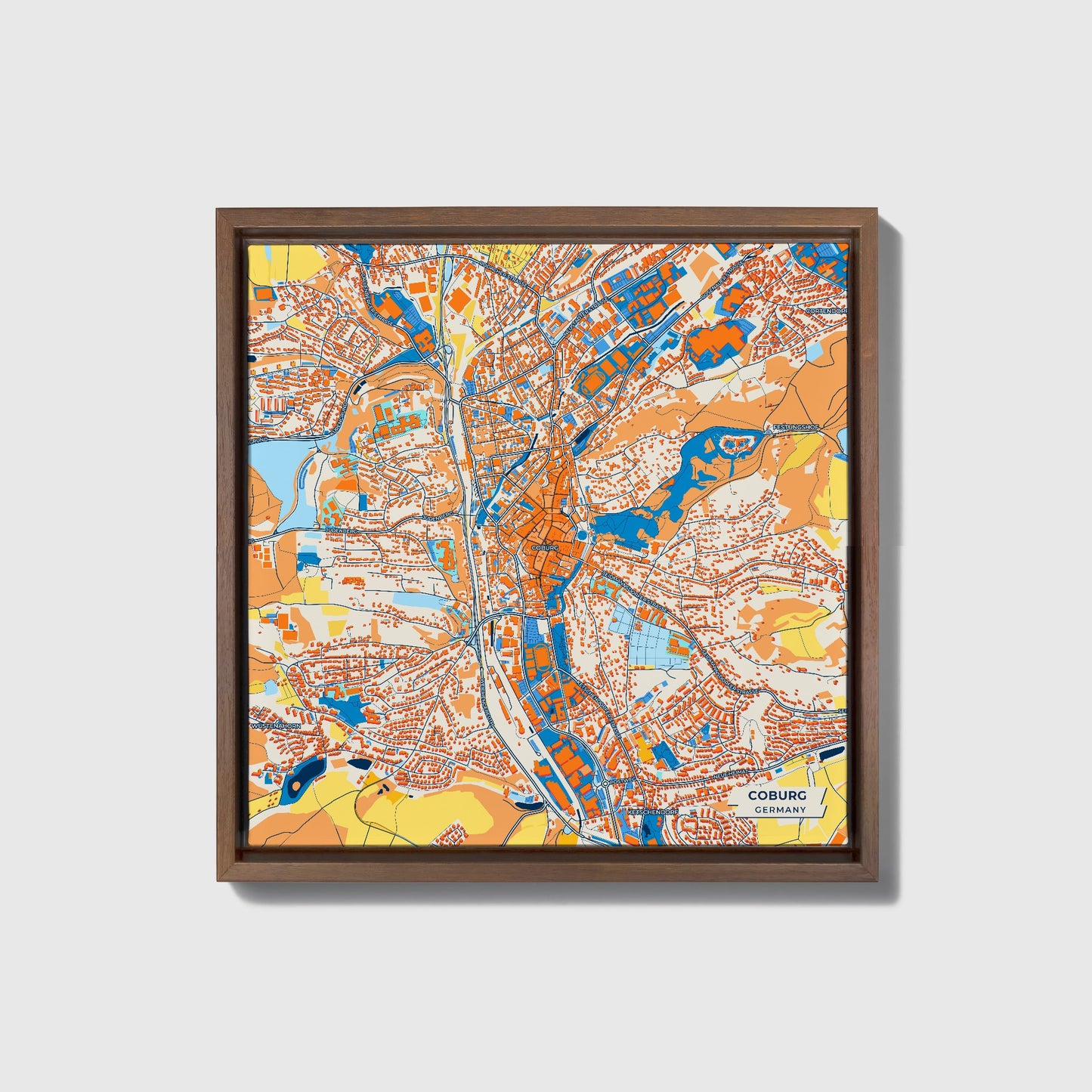 Coburg Germany Colorful City Map Canvas Print • Dark Wooden Framed