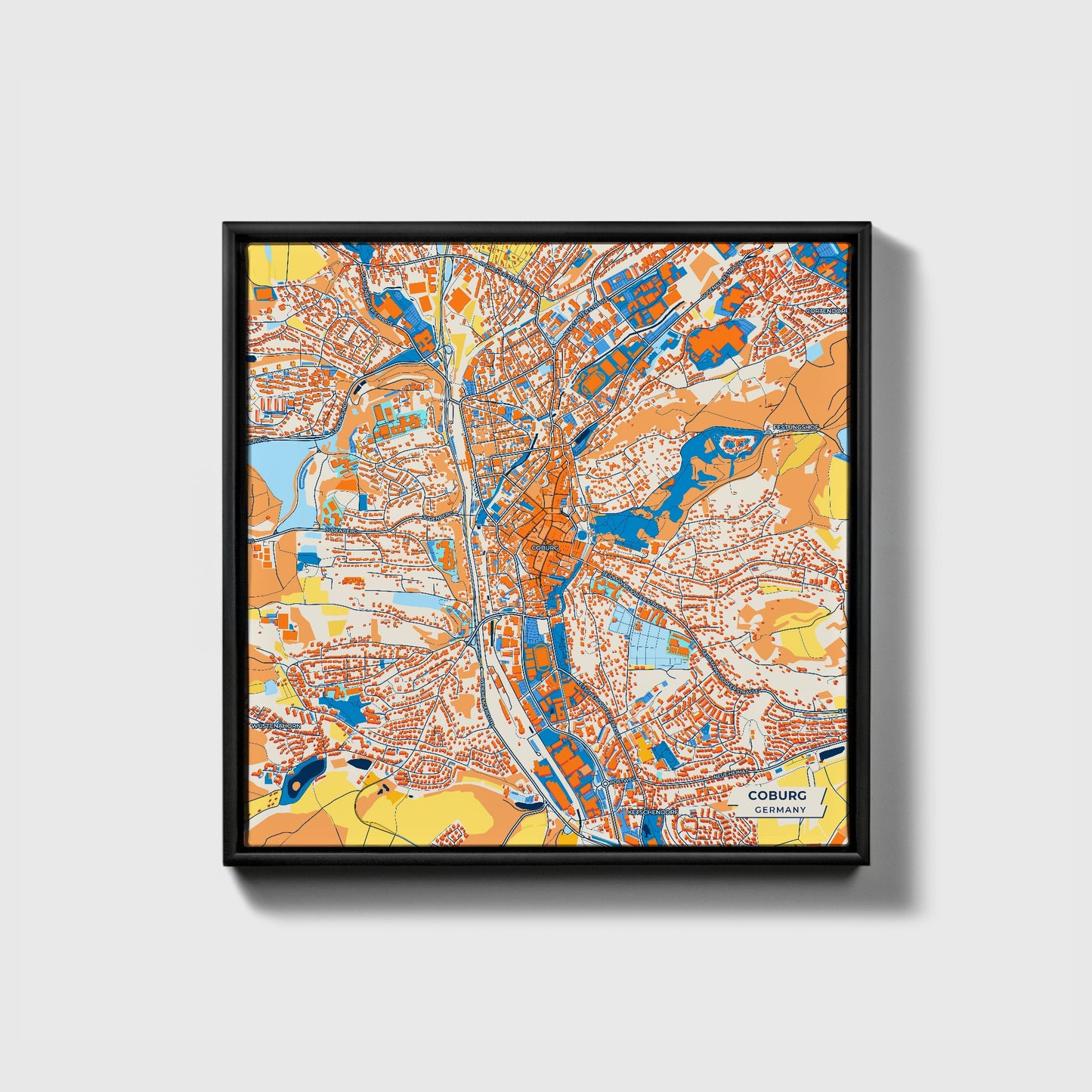 Coburg Germany Colorful City Map Canvas Print • Black Framed