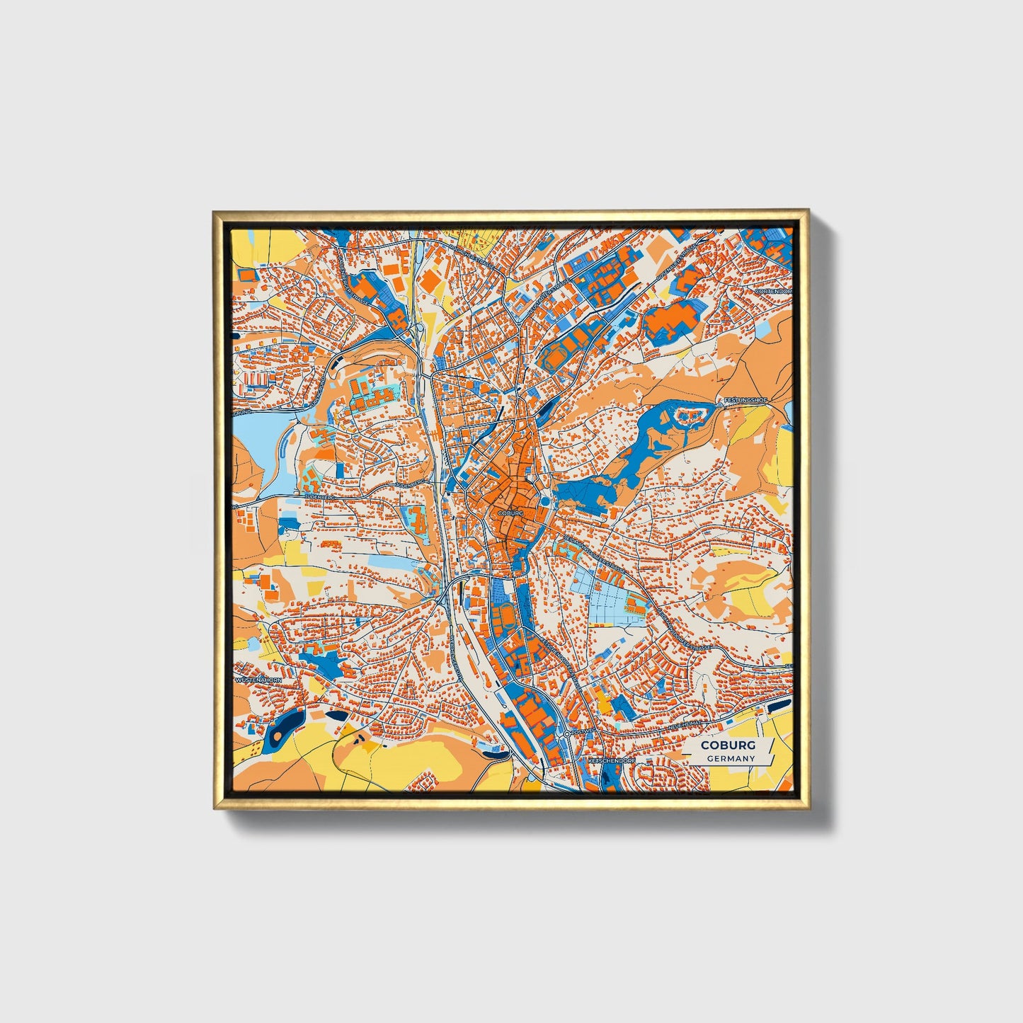 Coburg Germany Colorful City Map Canvas Print • Gold Framed