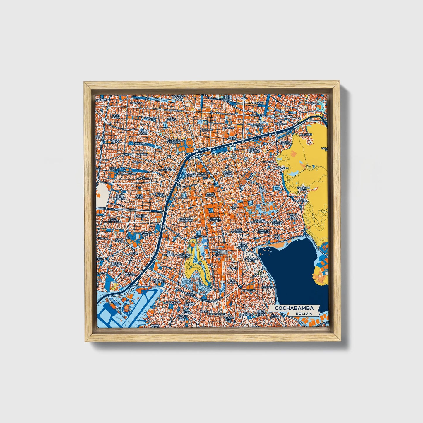Cochabamba Bolivia Colorful City Map Canvas Print • Natural Wooden Framed