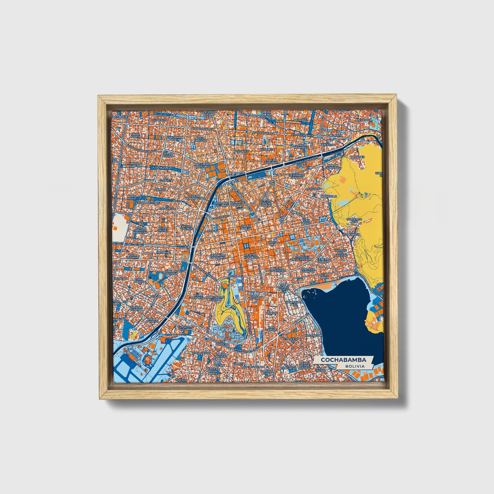 Cochabamba Bolivia Colorful City Map Canvas Print • Natural Wooden Framed